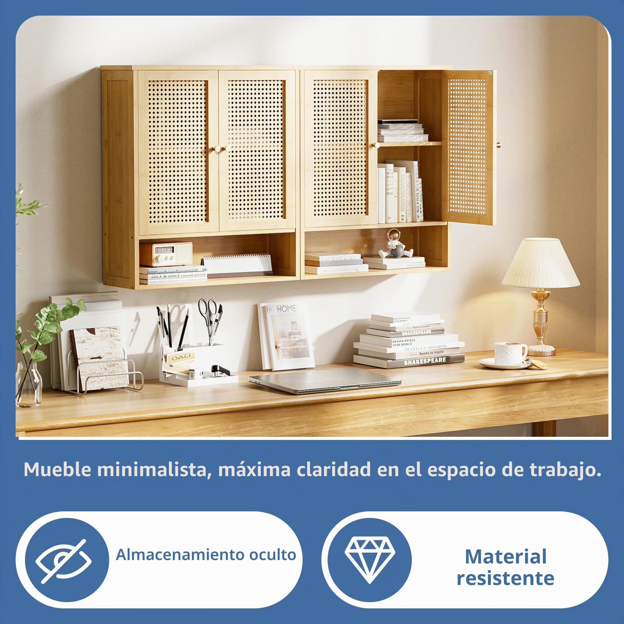 HITNET Armario Baño Pared en Ratán, Mueble Colgante de Bambú, Gabinete de Almacenamiento Suspendido con Doble Puerta y Estantes Ajustables, para Salón, Pasillo y Cocina, Color Natural