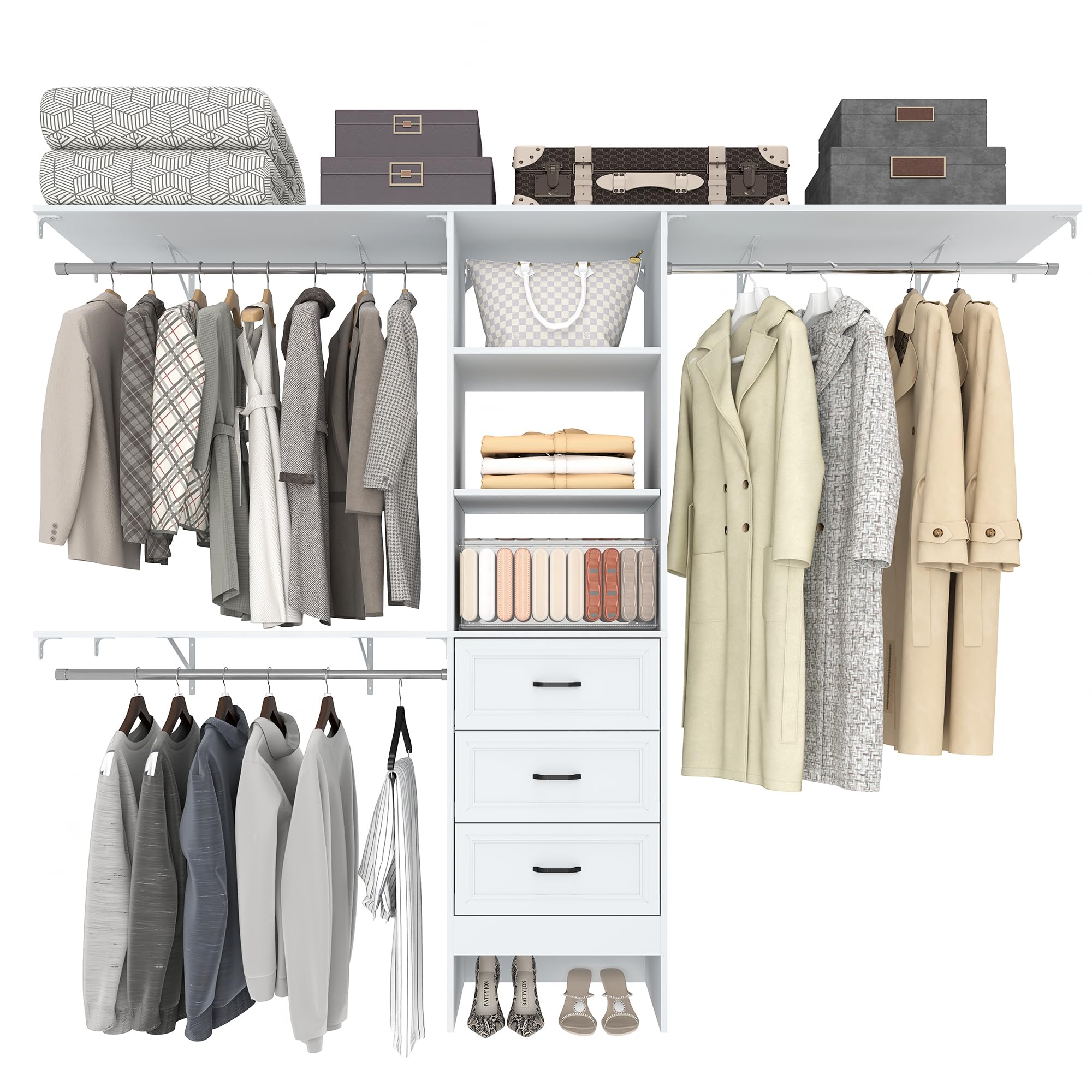 Walk in Closet System Closet Organizer with 3 Wooden Drawers?8FT Closet Systems with 25” Tower and 3 Extendable Hanging Rods, Wardrobe Clothes Garment Rack