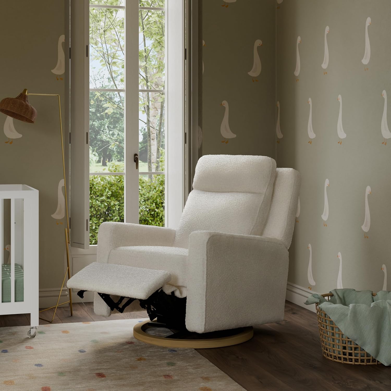 Sigi Pro Power Recliner and Swivel Glider with Power Adjustable Headrest & Lumbar Support, Underlight, and USB Port in Cream Shearling & Light Wood Base, GREENGUARD Gold, and CertiPUR-US Certified