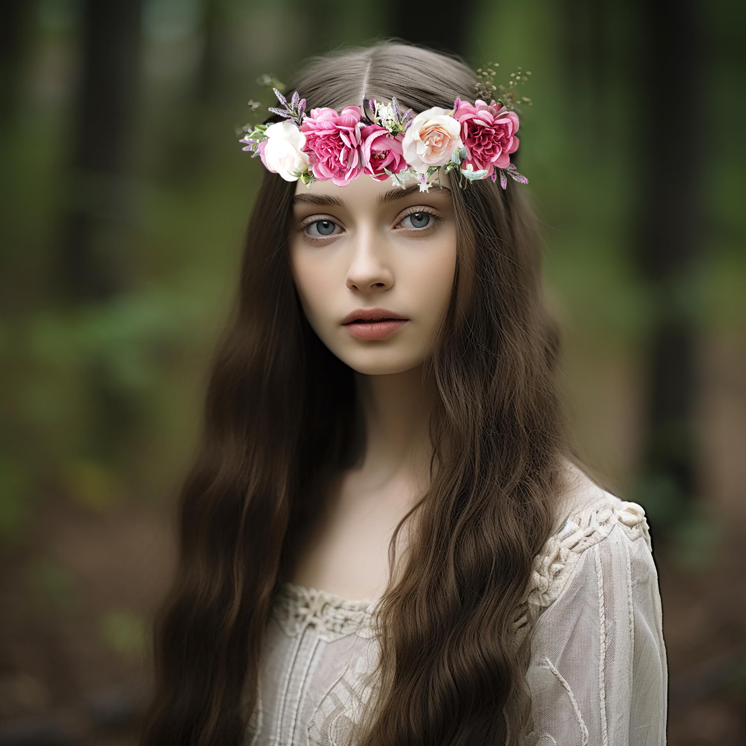 Brikuinr Floral Halo Crown Wreath Flower Wreath Headband Hair Wreath Floral Headpiece Boho with Ribbon Wedding Party Festival - Image 4