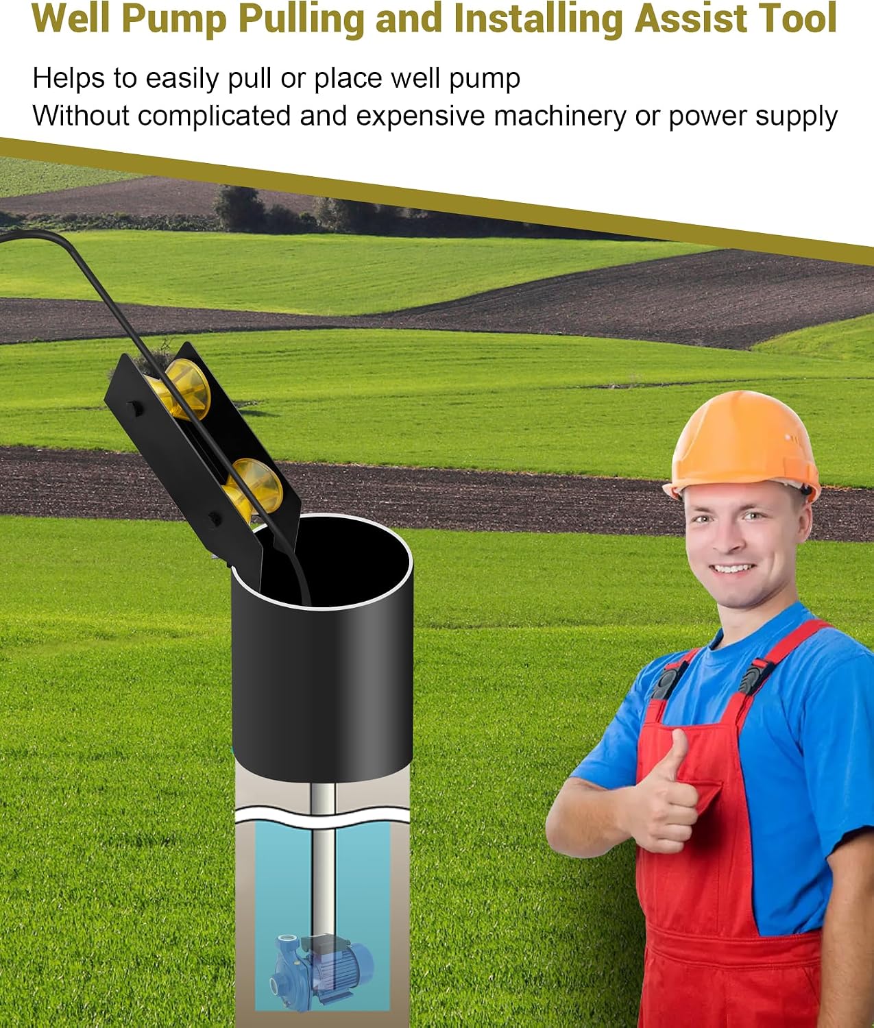 Water Well Pump Pulling Installing Assist Tool, Well Pipe Pulling Tools and Cable Rollers, Help Pull or Place, No Machinery Power Supply, Fit for Well Pump Pipe, Poly Pipe, Flexible Pipe, Wire