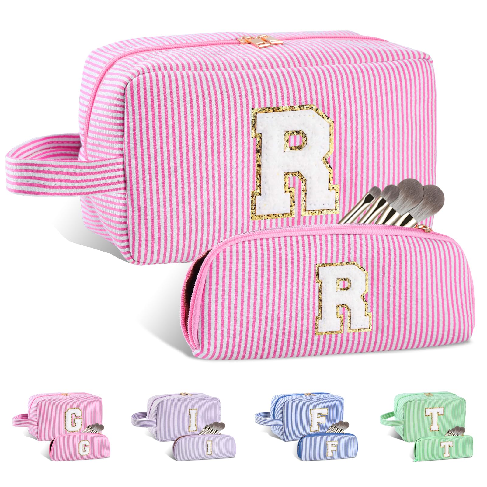 Huifen 2pcs Personalized Initial Makeup Bag A-Z Set, Preppy Make up Bag Cosmetic Bag Toiletry Bag, Easter Basket Gifts Birthday Gifts for Kids Teen