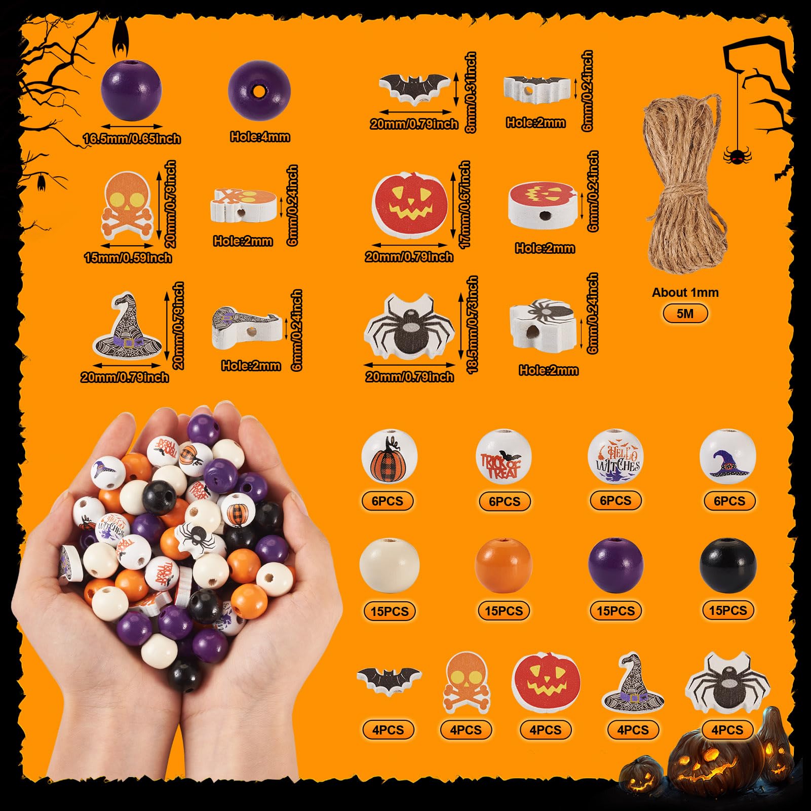 Furuising 50 Pezzi Halloween Perline di Legno, 20mm Perline Rotonde Legno con Foro, Grimace,Scheletro,Strega,Ragno Web Perline di Legno con 10m Corda