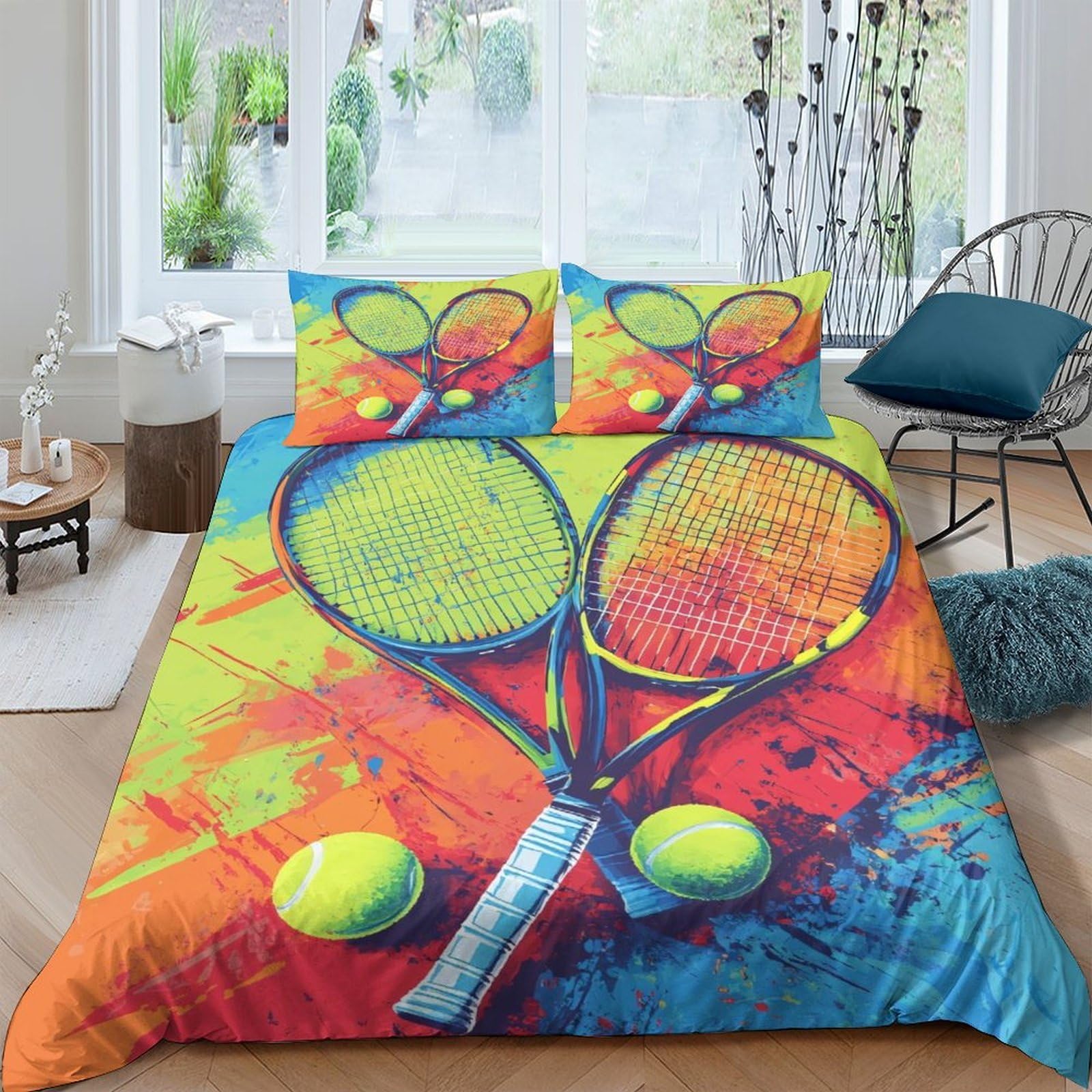 Ctjqhvkz Style-3 3D Printed Tennis Racket Splash Fitted Sheet Microfiber Soft Colorful Tennis Ball Mattress Cover For Bedroom Dorm Single（135X200cm）