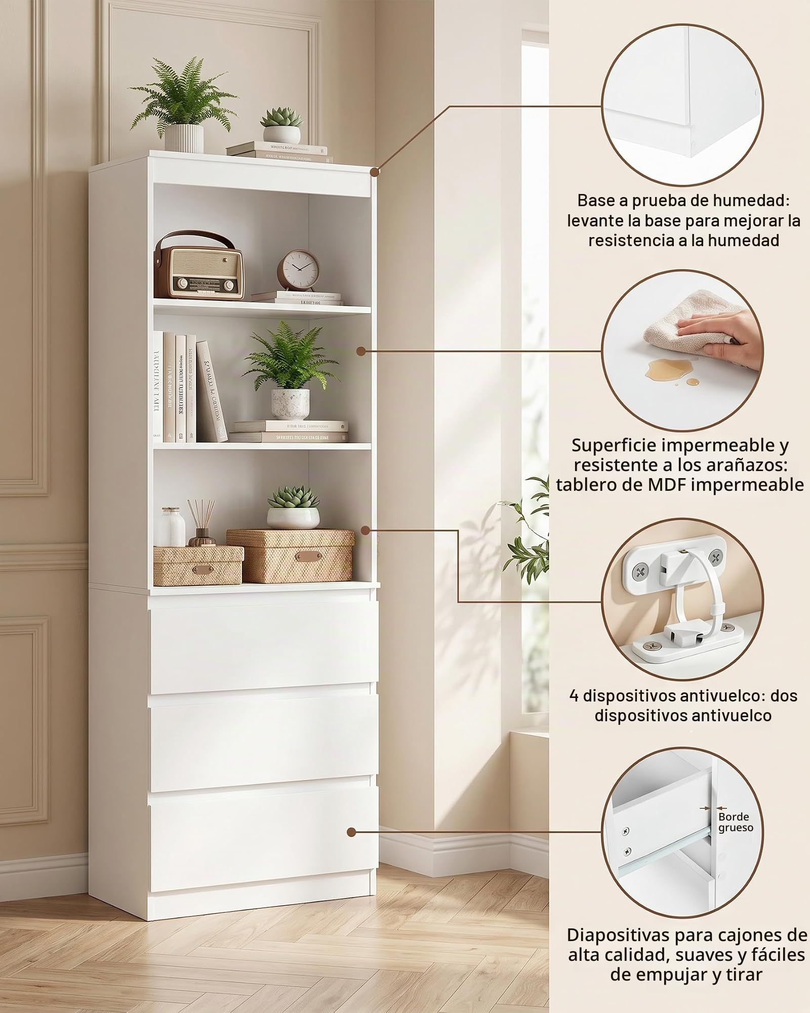 Estantería Libros Blanca con Cajones 60x32x180cm Libreria Alta para Salón Oficina Dormitorio Almacenaje Mueble Blanco