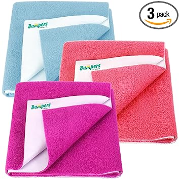 Bumpers Anti-Piling Quick Dry & Absorbent Sheet Polycotton Baby Bed Protecting Waterproof Mat (Rani Pink, Salmon Rose, Light Blue, Small (70 x 50cm), Pack of 3) - image, photos