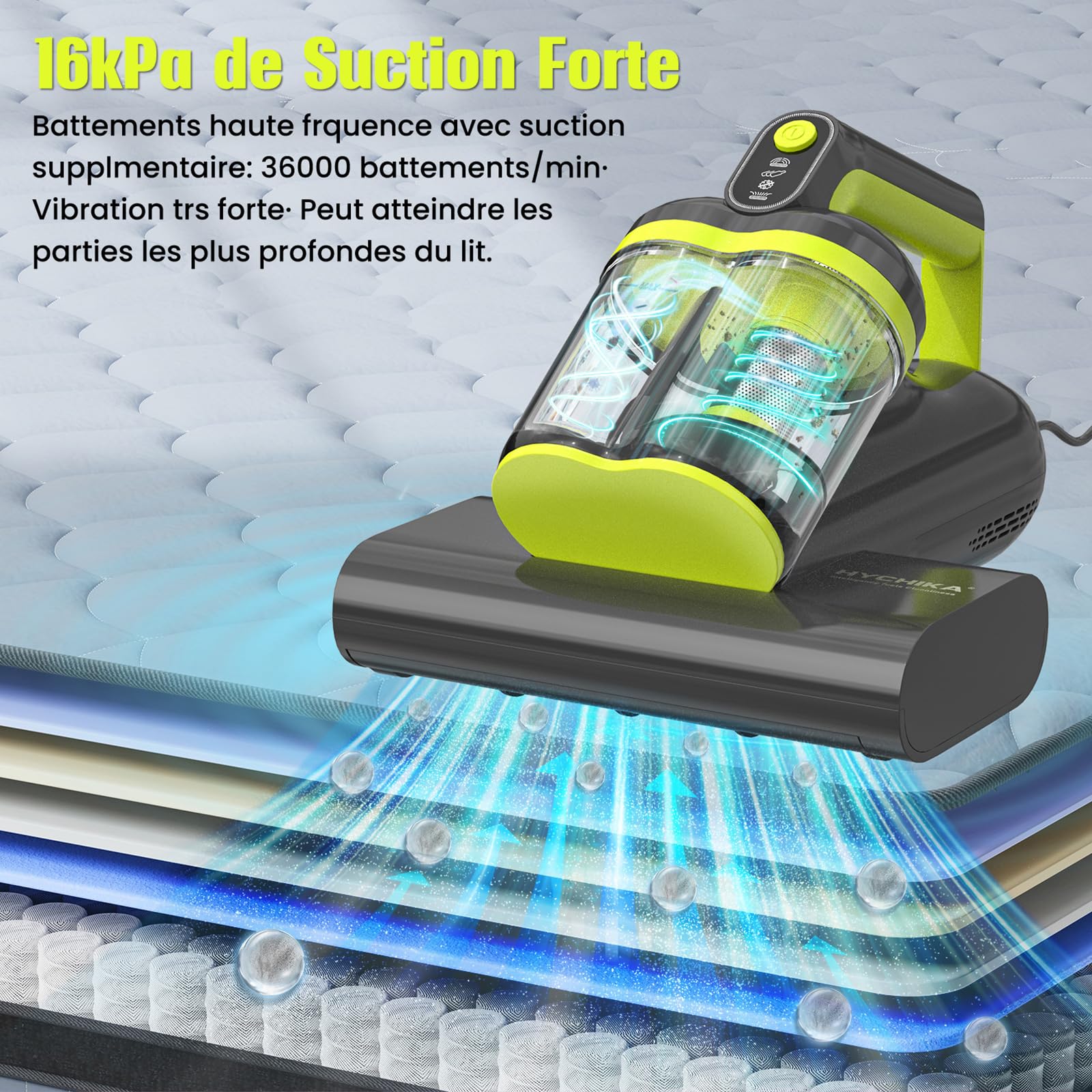 Aspirateur Matelas Aspirateur Anti Acariens - 16kPa Aspirateur à Main avec Lumière UV-C Chauffage Fonction Filtre HEPA Antibactérien Puissance d'aspiration pour Matelas,Textiles,Meubles de Canapé