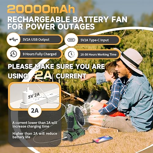 Miniatura 2 de Ventilador de niebla portátil con luz LED y banco de energía de 20000 mAh, ventilador de campamento recargable con control remoto, velocidades
