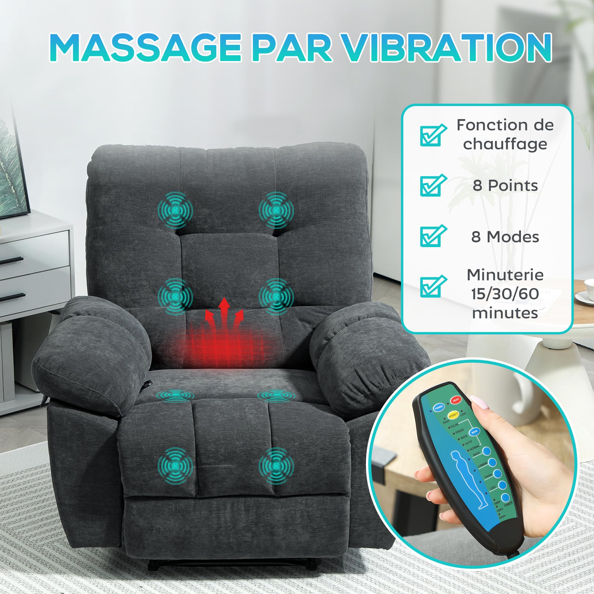 HOMCOM Fauteuil de massage fauteuil relax électrique avec vibration et chauffage, fauteuil relax inclinable manuellement, chaise TV chaise de relaxation repose-pied, télécommande, poche latérale, gris