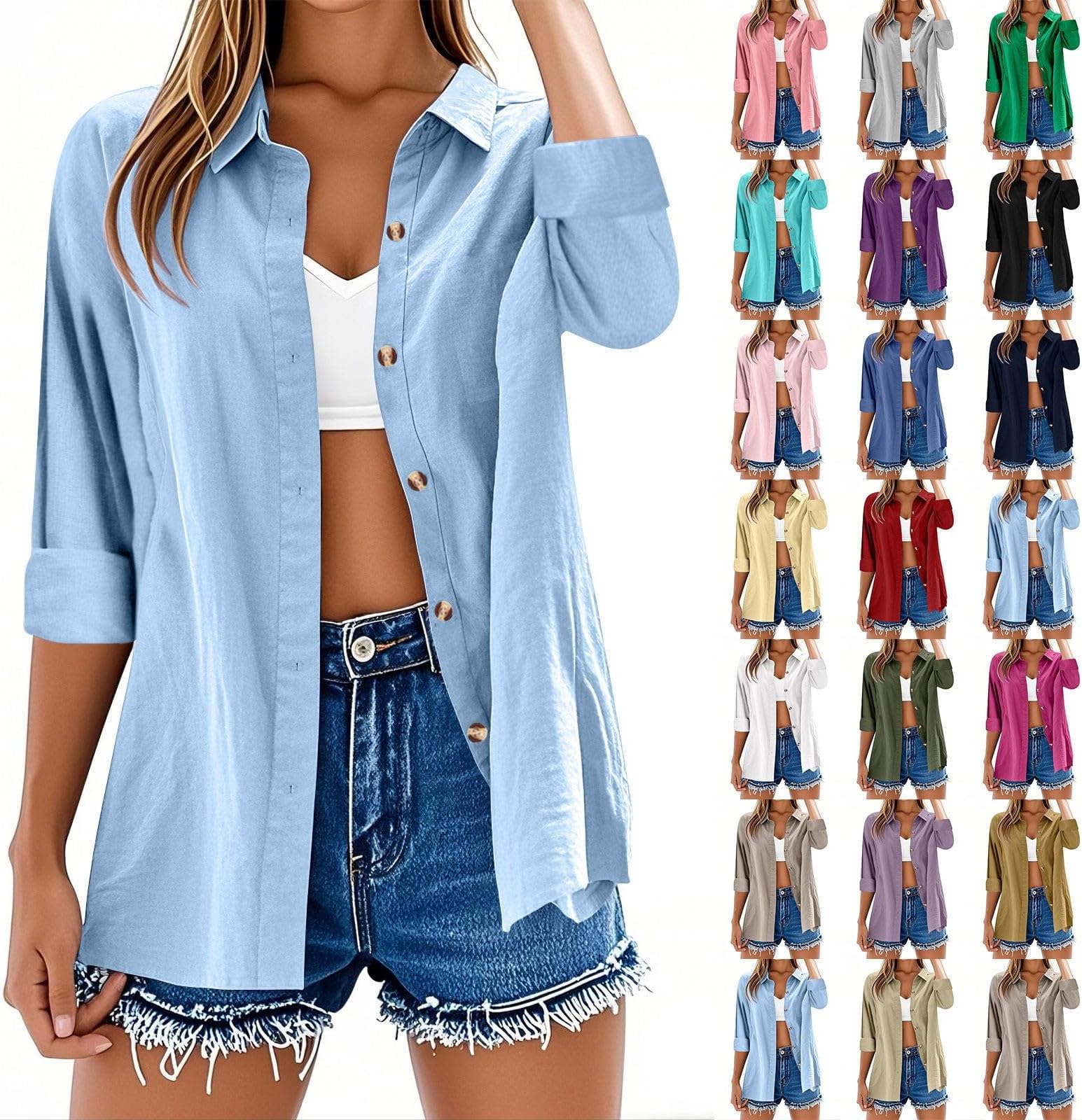 Womens Tops Long Sleeve Casual Button Down Cotton Linen Shirts Casual Roll Up Sleeve Ladies Tunic Tops Solid Color Plus Size Loose Blouse Fashion V Neck Oversized Tees Lightweight Summer Shirt Dress