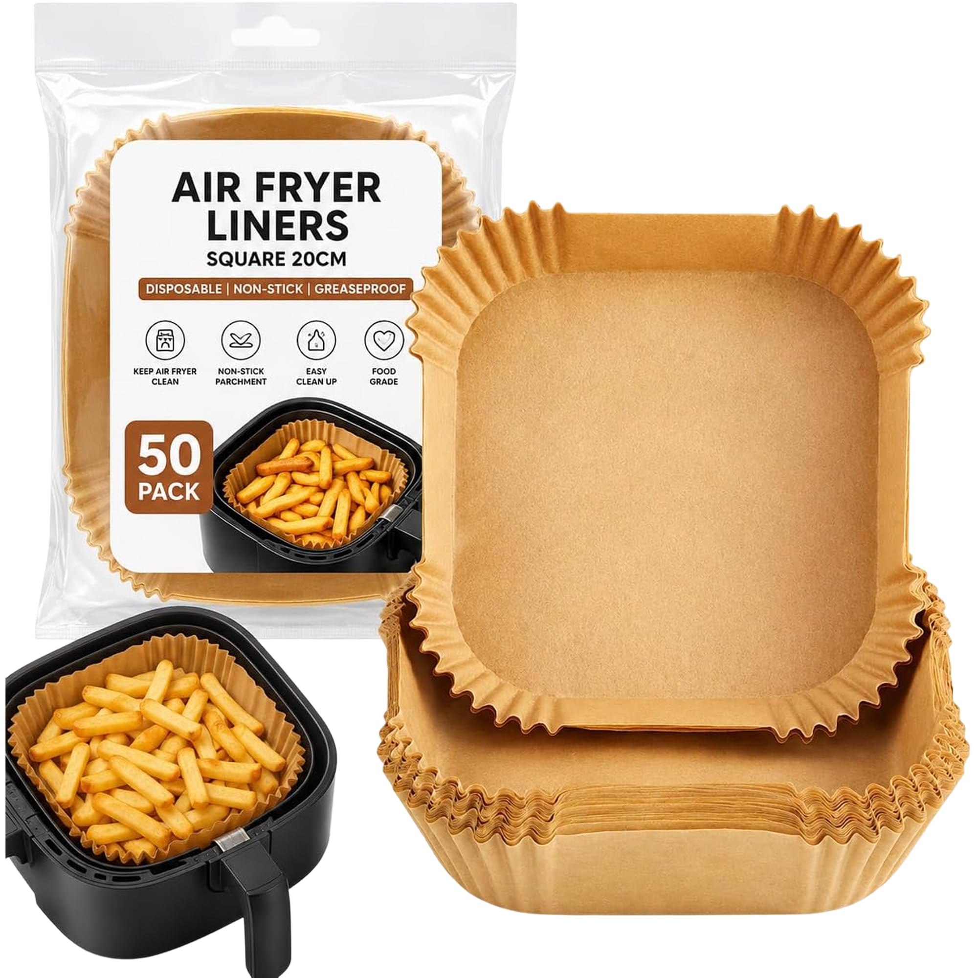 50x Air Fryer Liners Square 20cm | Disposable Air Fryer Paper Liners, Non-Stick Parchment Paper Air Fryer Liners for Tower, Tefal & Square Air Fryer Baskets | Airfryer Liners Disposable