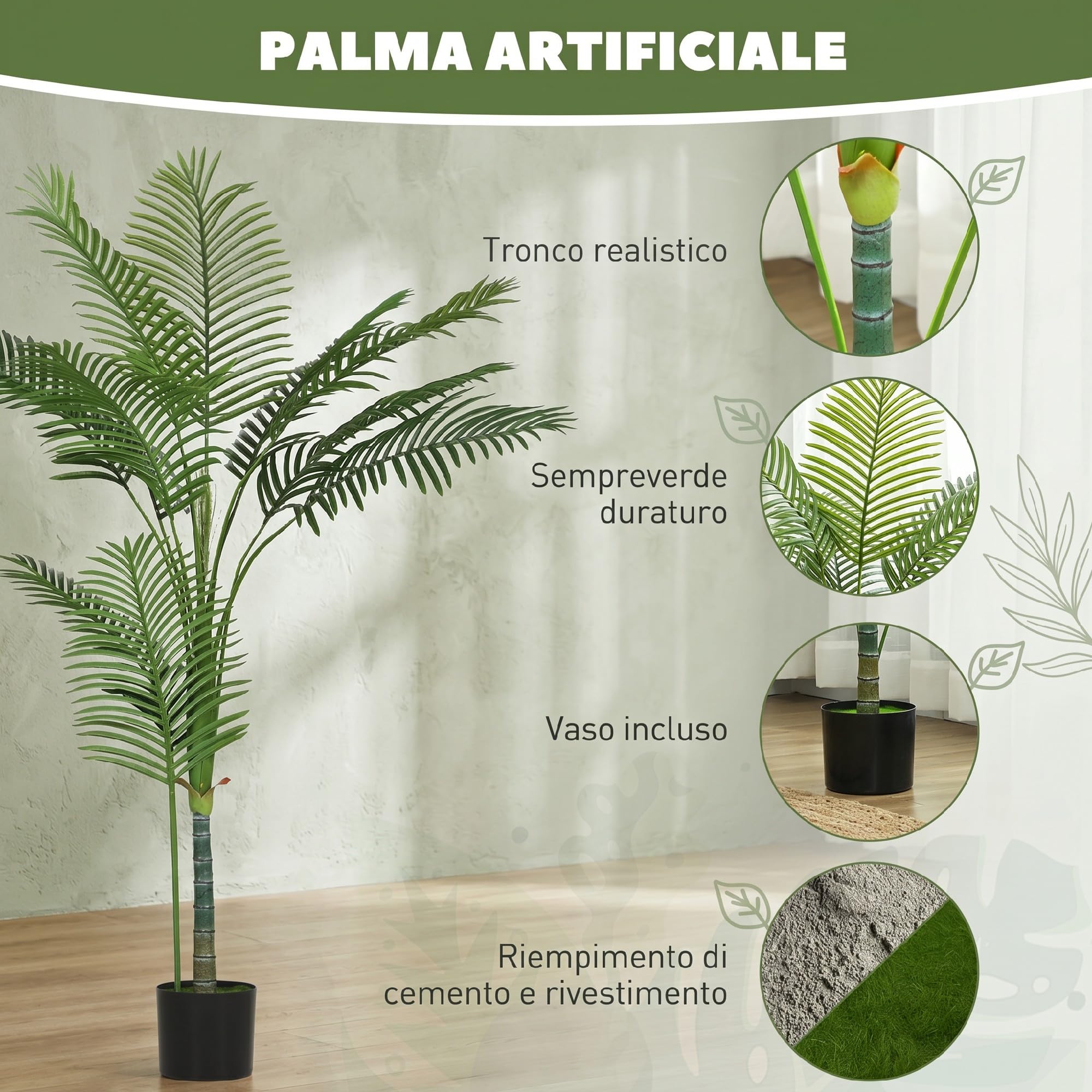 HOMCOM Pianta Finta di Palma Areca Alta 150 cm Realistica per Interni Verde