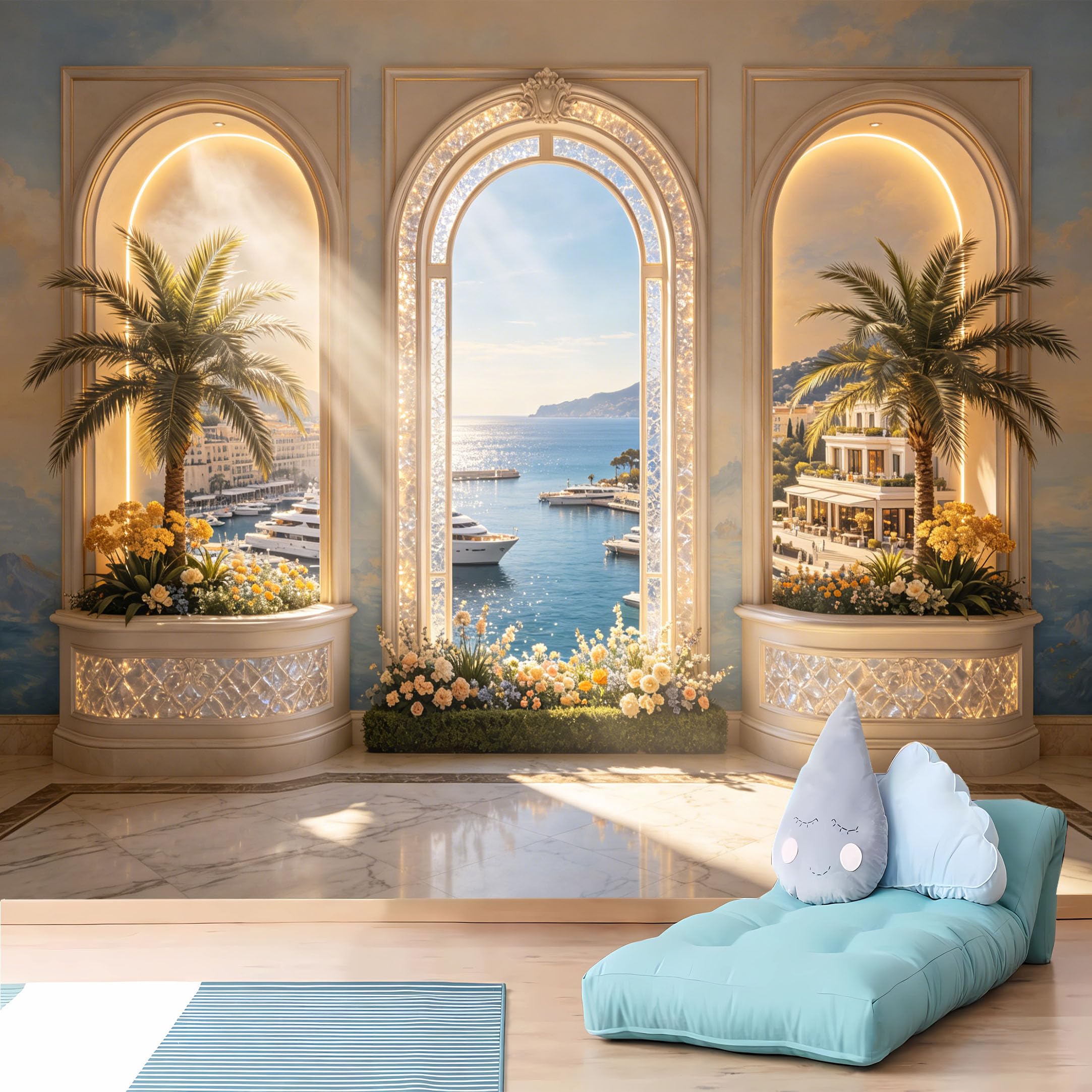 Custom Size Wall Murals,Luxury Coastal Yacht View from Arched Windows Wall Murals,Vivid,Wall Stickers,Self-Adhesive Removable Wallpaper for Living Room