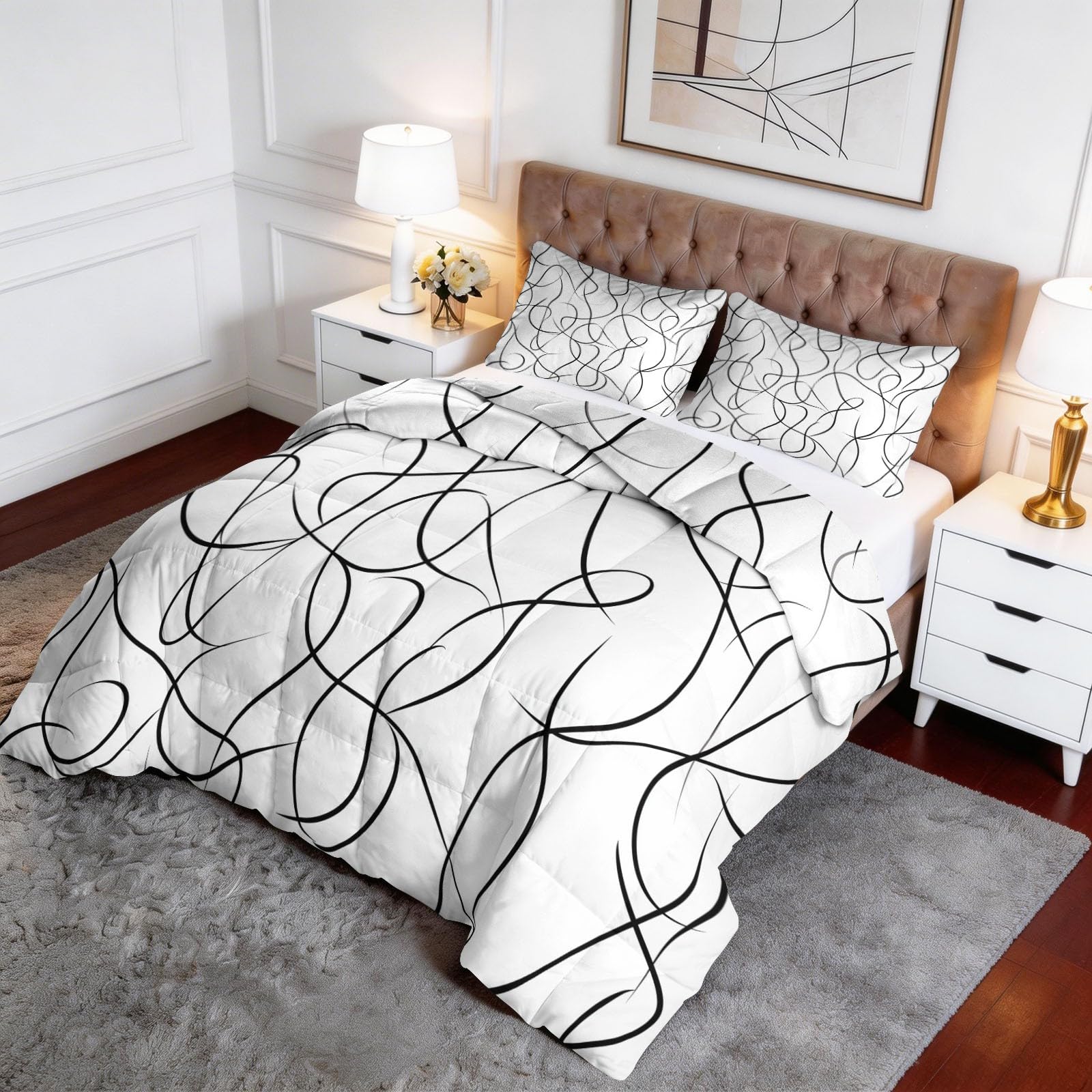Générique Abstrakcyjna Geometria Labirynt Pikowana Kołdra 4 pory roku 140 x 200 cm Oddychająca i super miękka czarna kołdra hipoalergiczna Kołdra bez dwustronnej poszwy Można prać w pralce