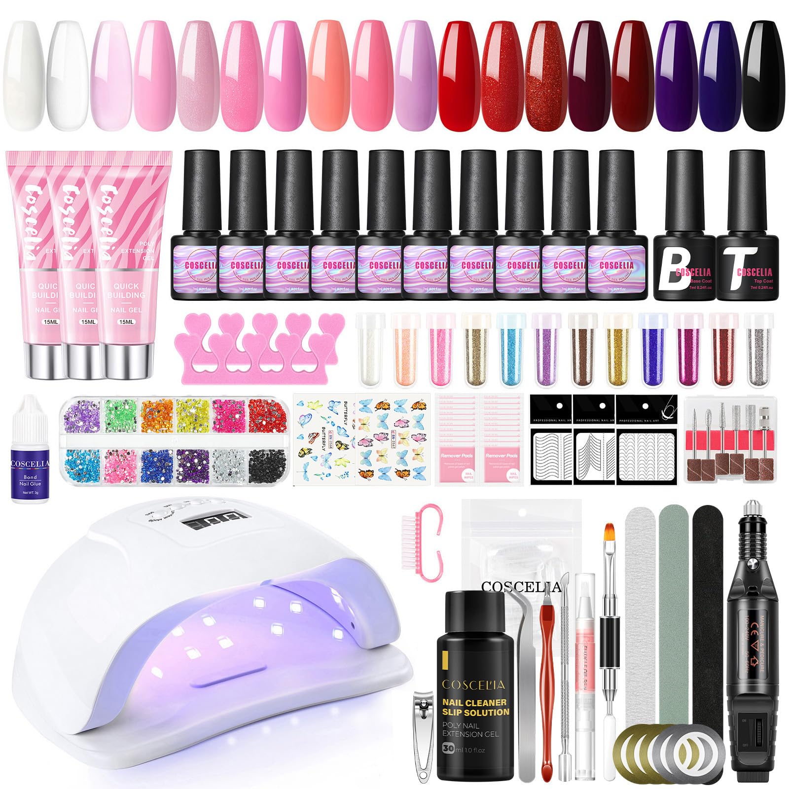 COSCELIA Kit Uñas Semipermanentes Con Lampara 80W y Torno Para Uñas Profesional, 15 Pintauñas Semipermanentes y 3 Poly Nail Gel, Kit Uñas de Gel para Principiantes