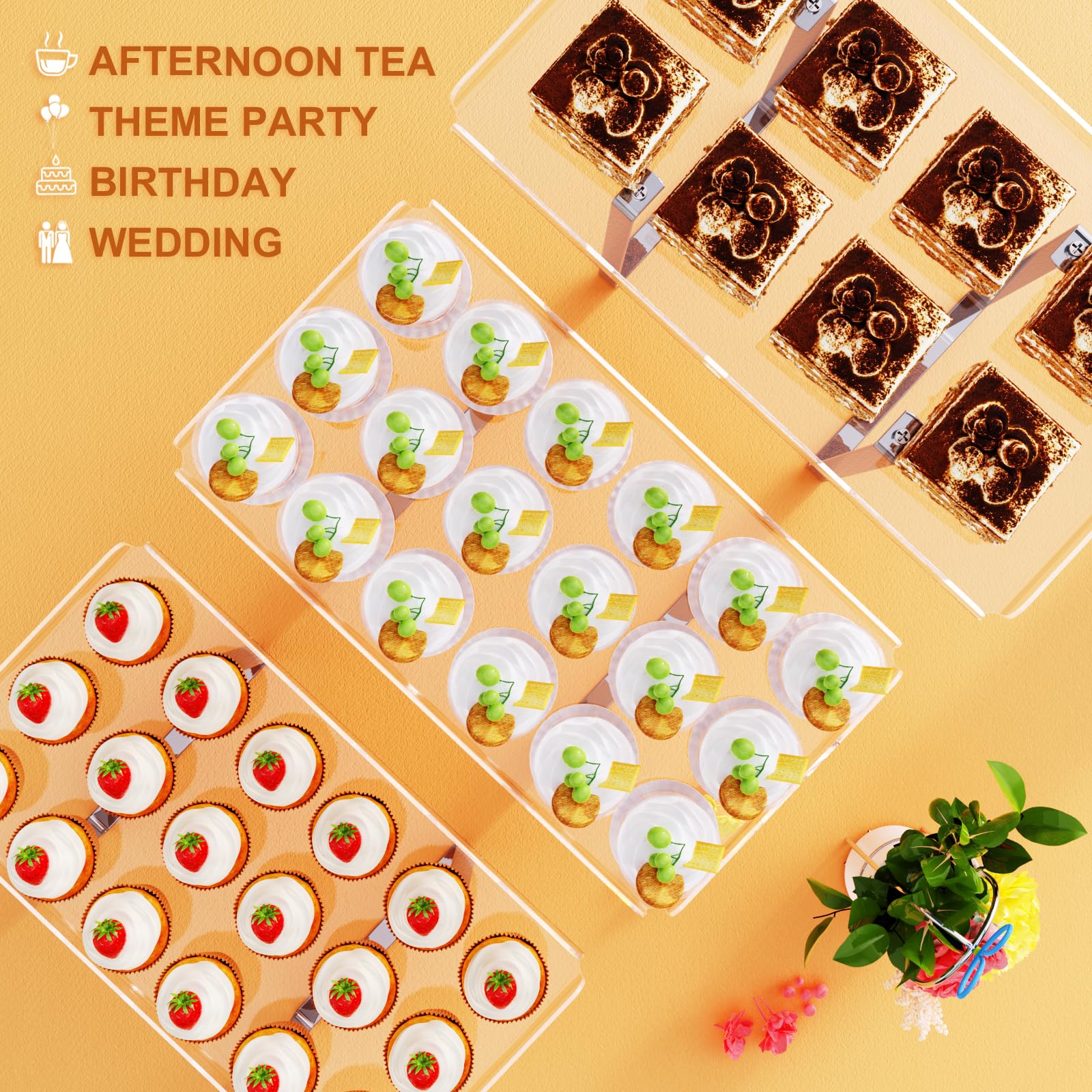 Bakzon Juego de 3 soportes para cupcakes, mesa de postre de acrílico transparente con patas de soporte de hierro para cumpleaños, decoración de barras de caramelos, bodas, fiestas y eventos