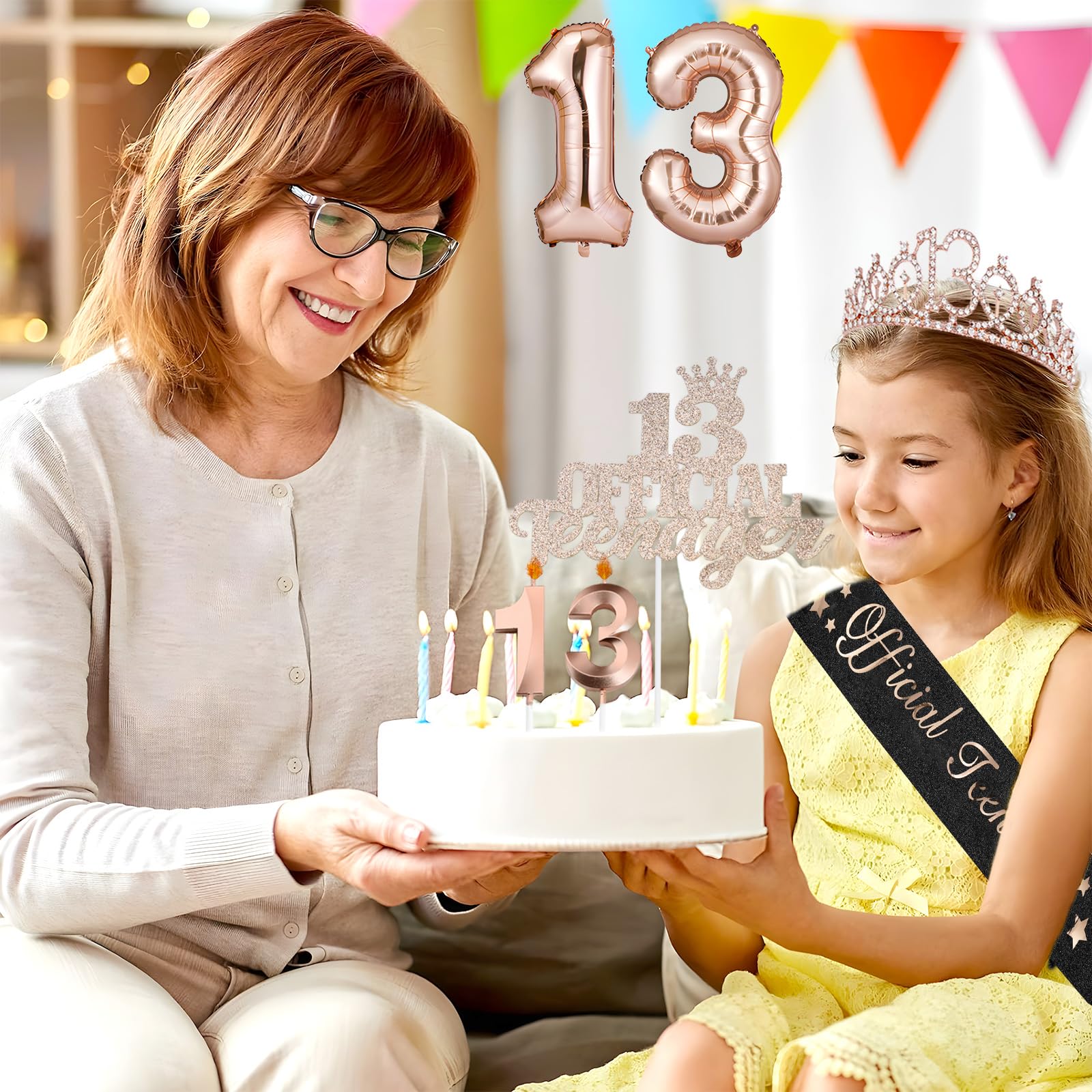 13.Geburtstag Mädchen Deko 13.Geburtstagsschärpe Krone Kerzen Luftballons für 13 Geburtstag Mädchen Party Deko Supplies Teenager Geschenke