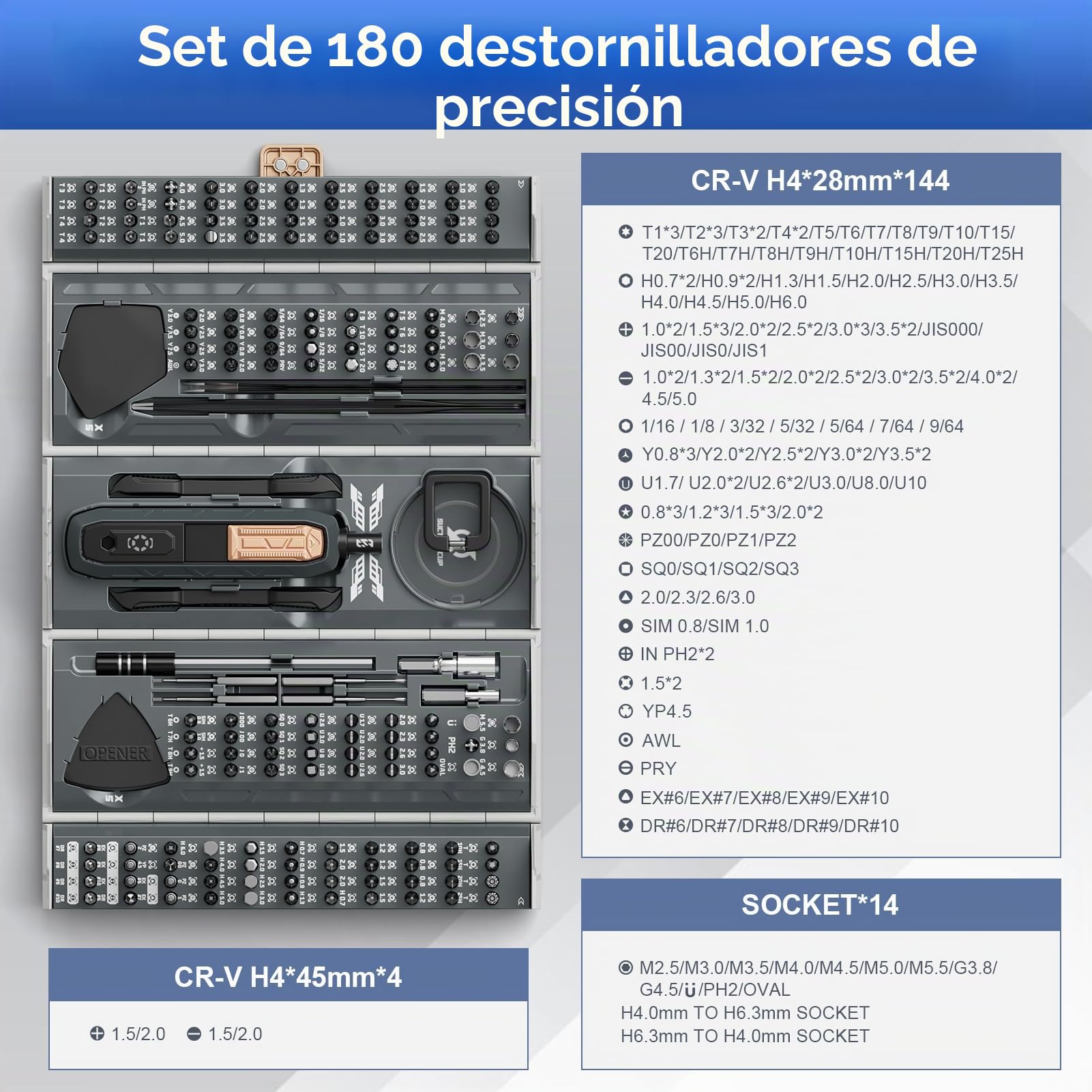 Juego de destornilladores de precisión, 180 piezas de acero magnético Destornilladores Manija manual con barra de extensión, estuche de almacenamiento electrónico