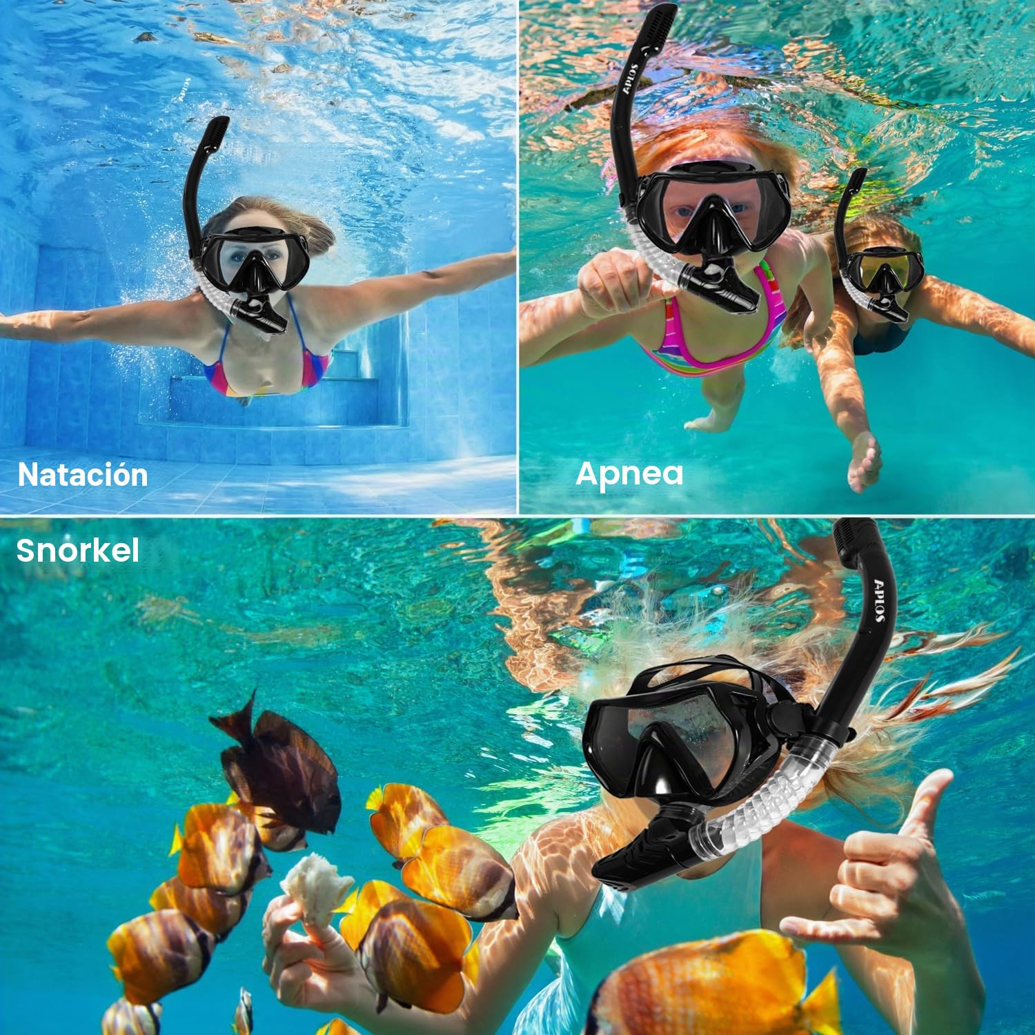 APLOS Juego de esnórquel para Adultos, con Gafas de Buceo y esnórquel seco, antivaho, antifugas, máscara de esnórquel de Cristal Templado, para esnórquel, natación y Buceo