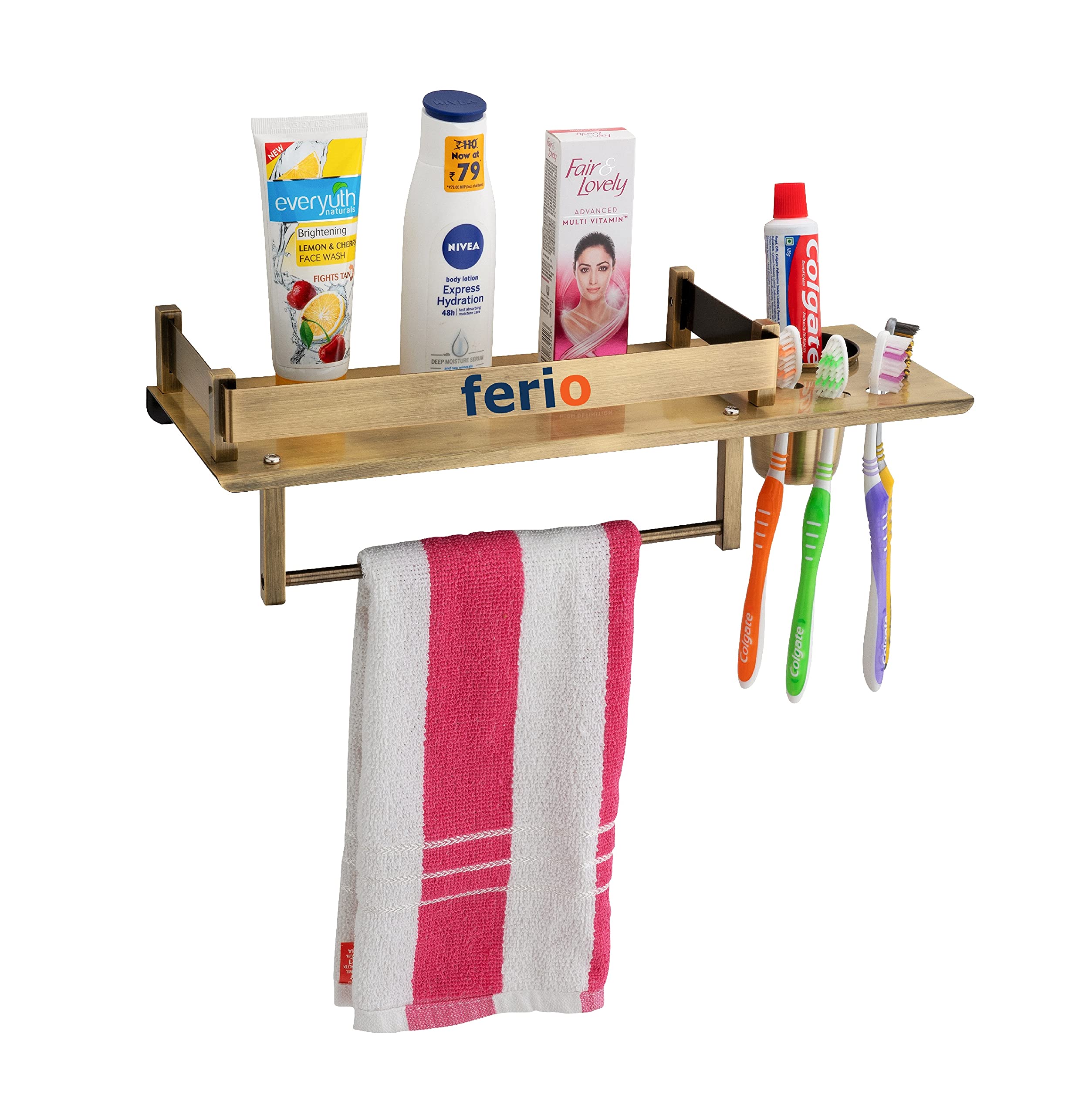 Ferio Brass Antique Finish Stainless Steel 3 in 1 Multipurpose Bathroom Shelf/Rack/Towel Hanger/Tumbler Holder/Bathroom Accessories (15 x 6 Inches) - Pack of 1 (B098XRZ63L) Amazon Price History, Amazon Price Tracker
