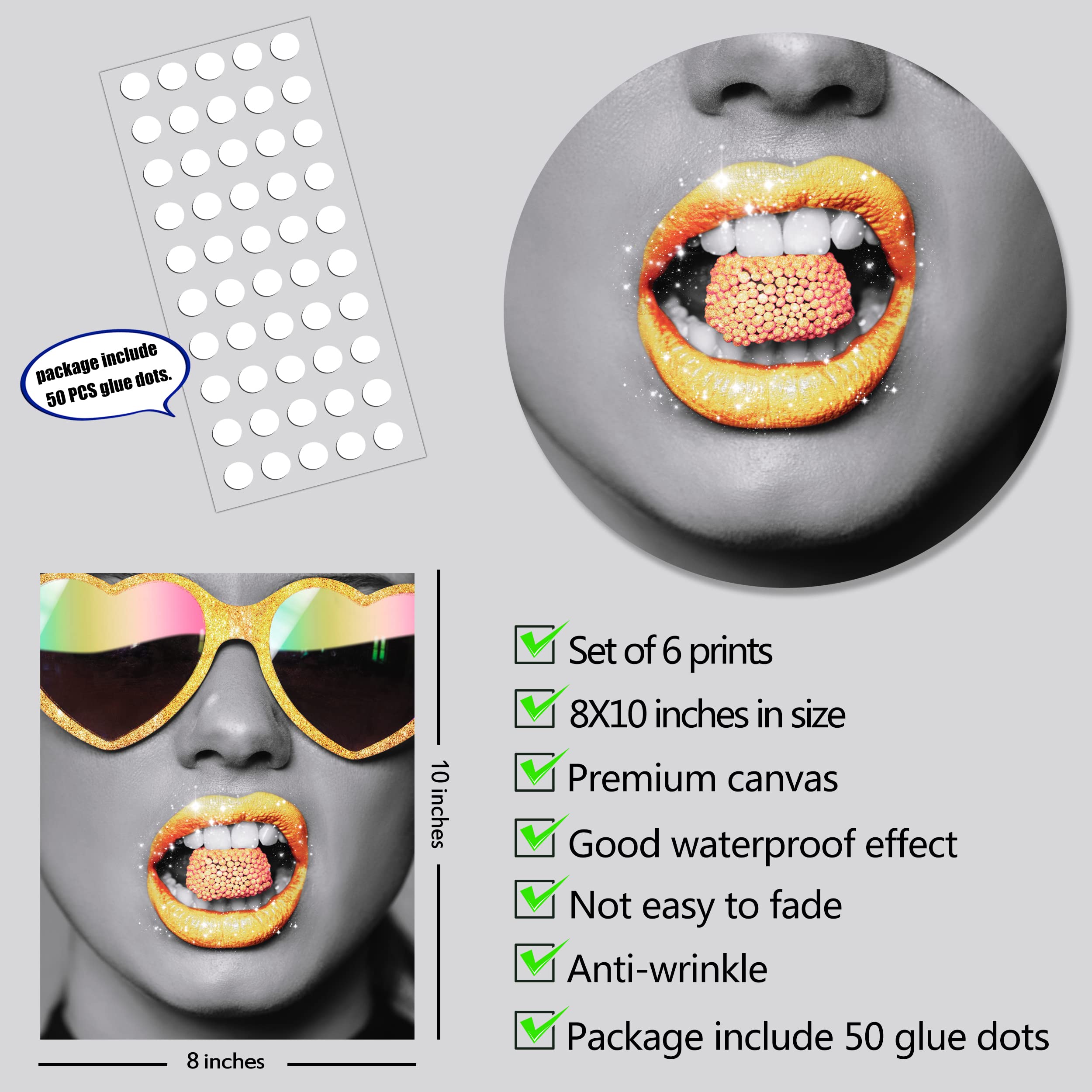 Funny Bathroom Wall Art Set - 6 Gold Glam Glitter Tissue Posters