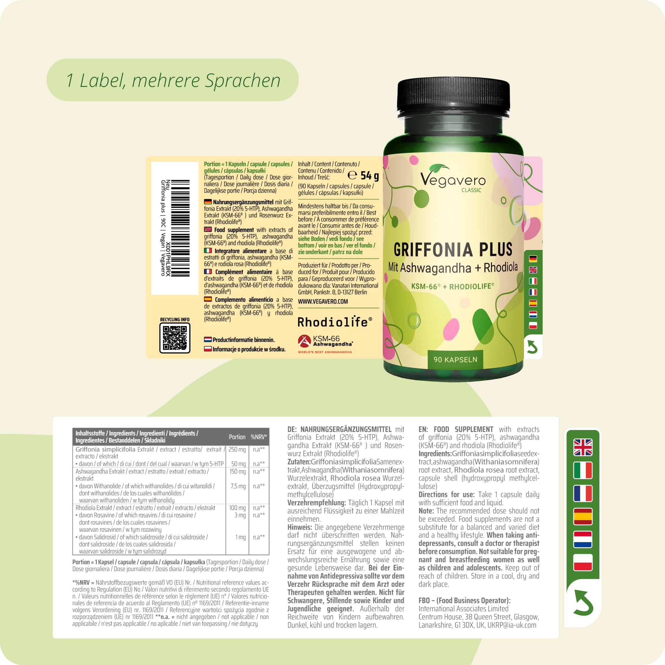 Vegavero 5-HTP Kapseln | aus Griffonia | Mit Ashwagandha KSM-66 und Rhodiola Rosea Rhodiolife | Adaptogene Komplex | Laborgeprüft | Ohne Zusatzstoffe | Deutsche Produktion