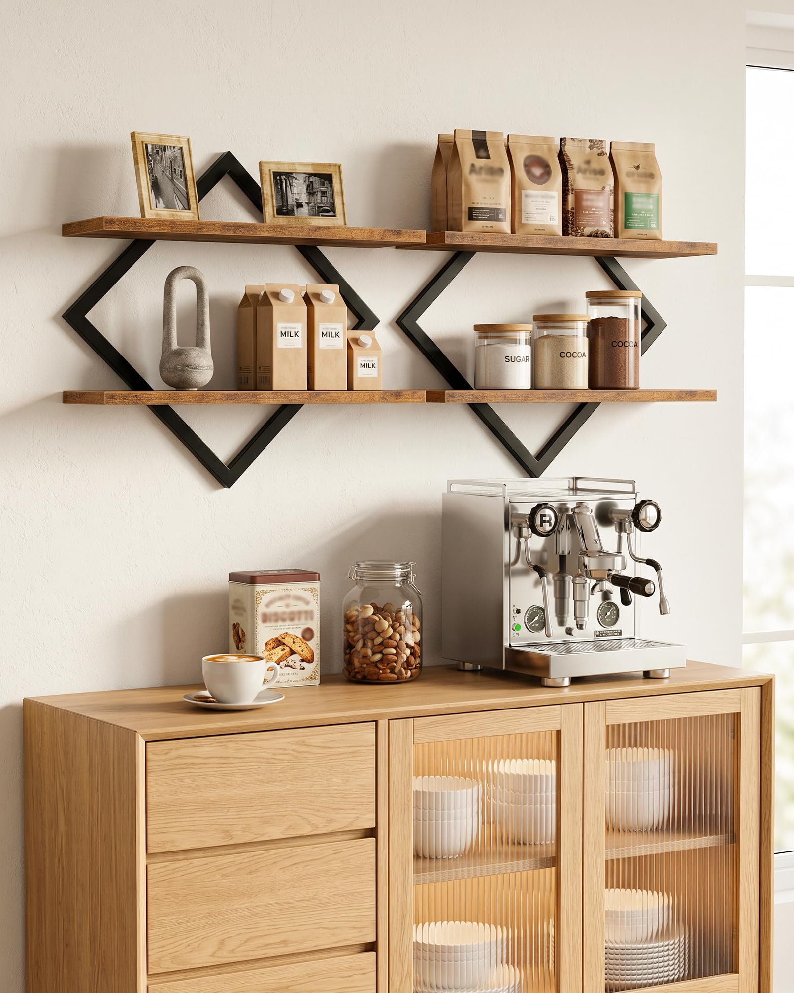 CHOEZON Étagère flottantes, Lot de 2, Étagères murales à 2 Niveaux, Rangements Suspendus avec Cadre métallique losangé, pour Salon, Chambre, Cuisine, Bureau, Marron Rustique et Noir DTBJ01P2BF
