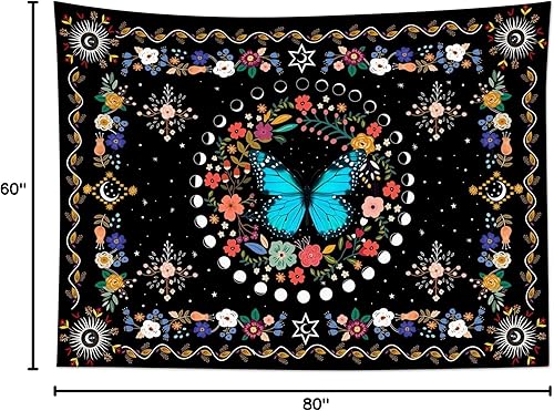 Miniatura 8 de HVEST Tapiz de mariposa de fase lunar para colgar en la pared, diseño de mariposas y hojas coloridas en el cielo, tapiz para colgar en la pared,