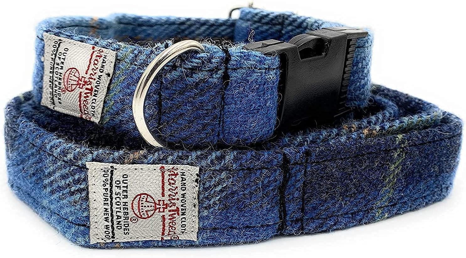 Harris Tweed Dog Collar And Lead Set Handmade (Blue Check, L)