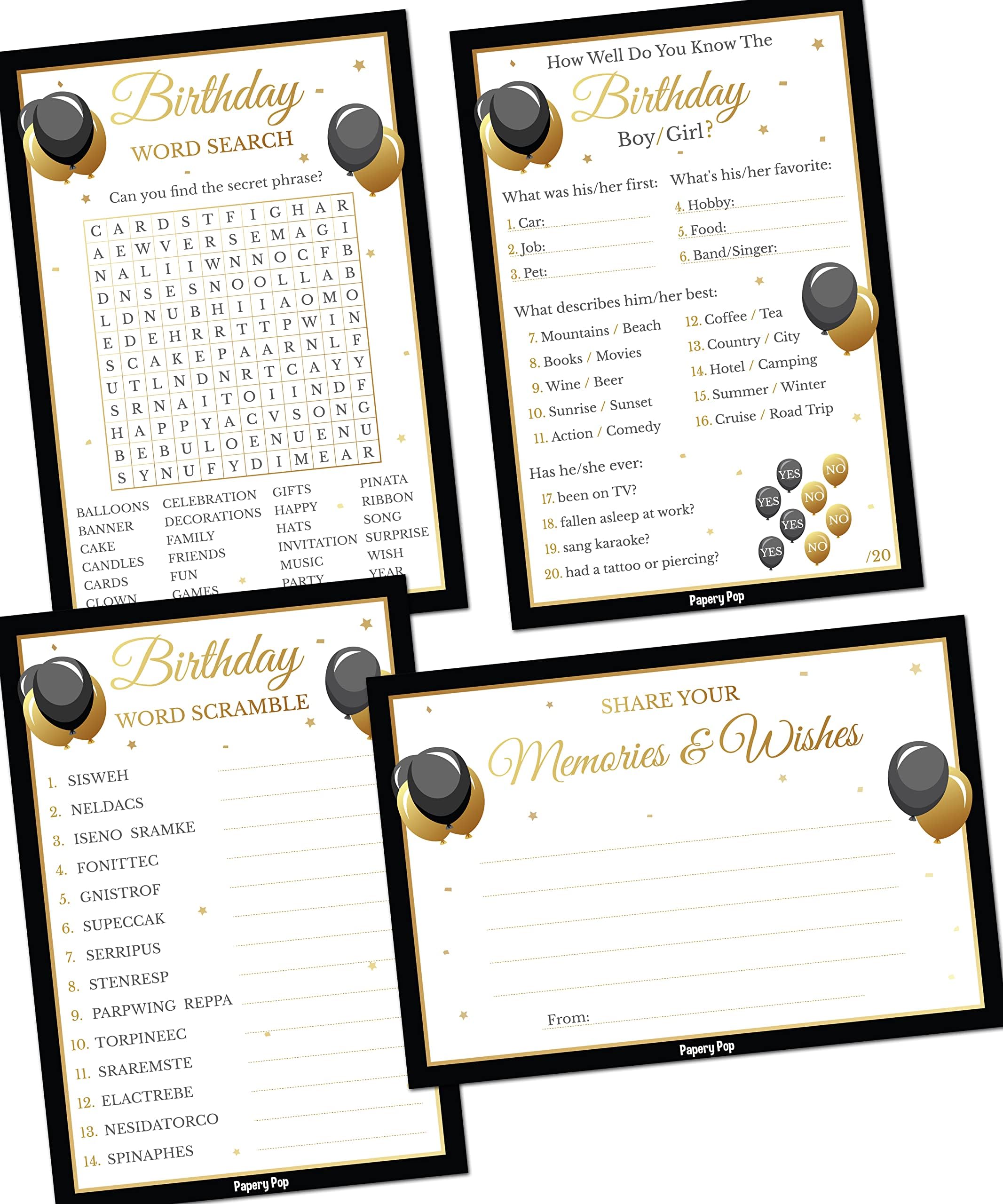 Birthday Party Games - Set of 4 Activities for 50 Guests - Pack of 200 Cards - Birthday Party Supplies for Adults