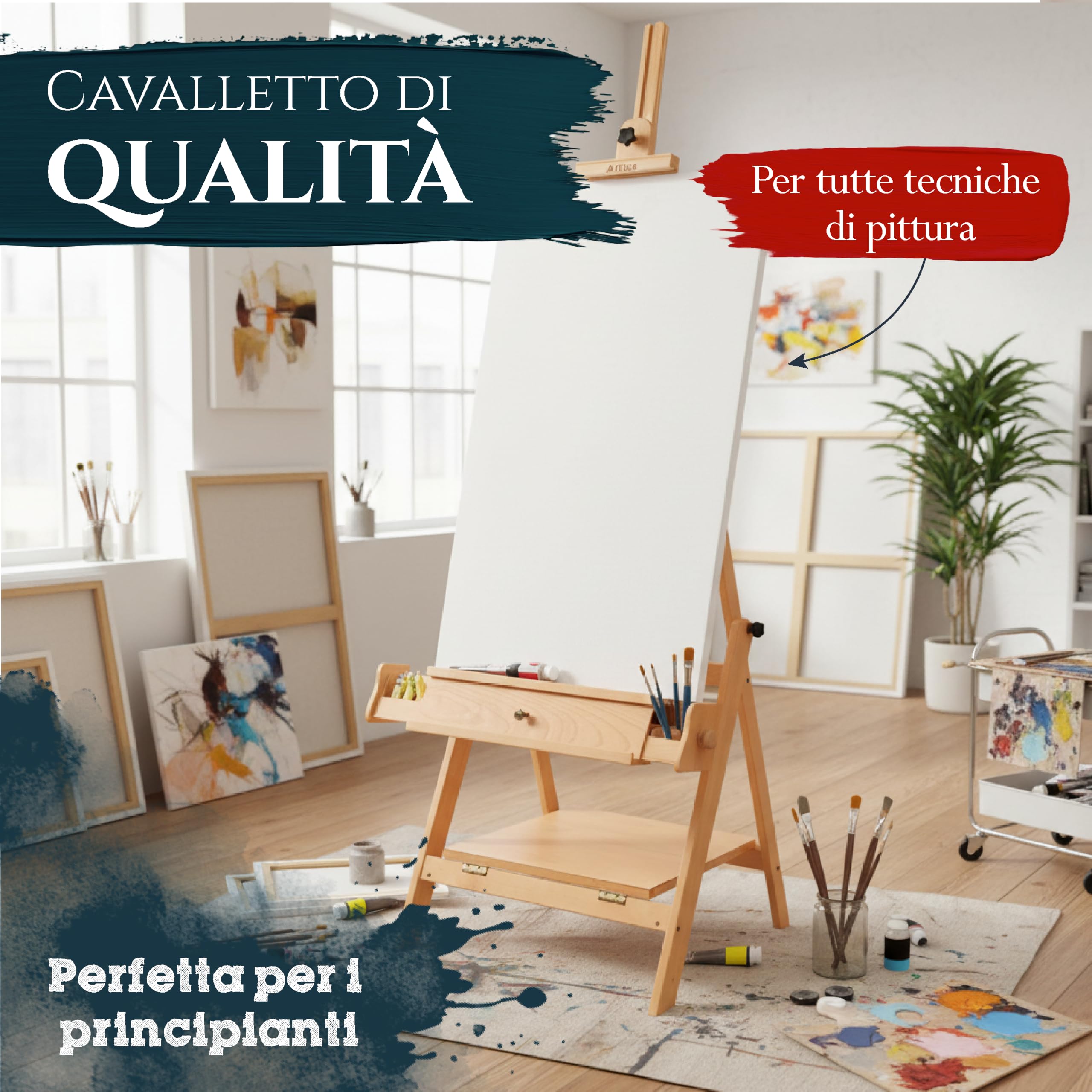 Artina Cavalletto per Pittura Professionale Napoli - cavalletto da Campagna e da Studio per dipingere o disegnare - Legno massello di faggio - Stabile e Robusto - per artisti o amatori