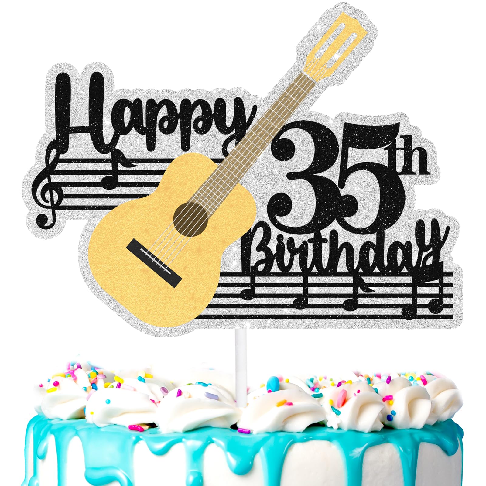 Guitar Cake Topper 35th Music Theme Happy Birthday Note Decoration, Birthday Party for Men and Women, Rock Guitar Party, Musician Party, Anniversary Decoration Supplies (35th)