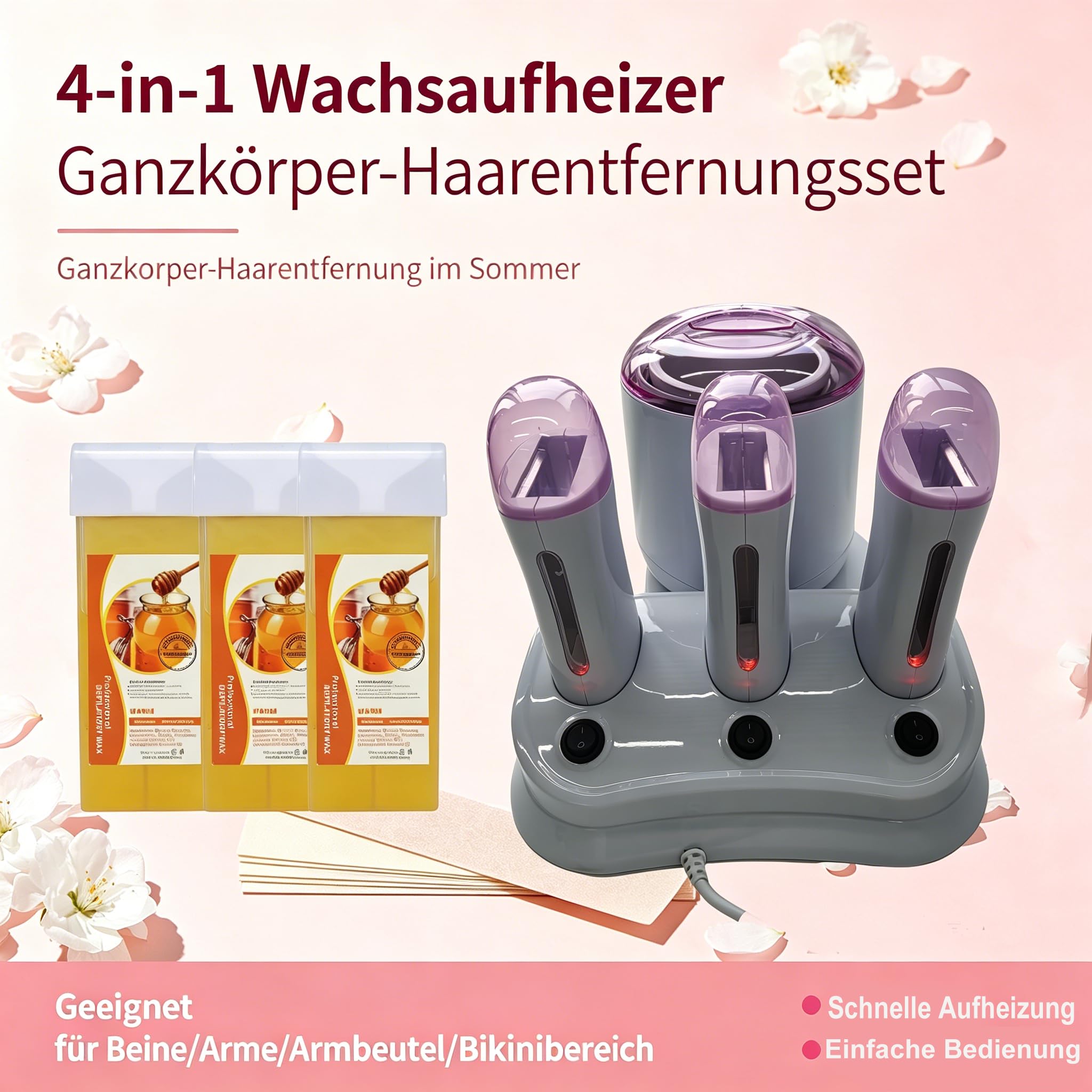 4 in1 Professioneller Wachswärmer, 800ml Wax Maschine + 3×100g Roll on Heißwachsgerät mit separaten Schaltern, Wachsgerät zur haarentfernung, Waxing Set für Ganzkörper-Haarentfernung