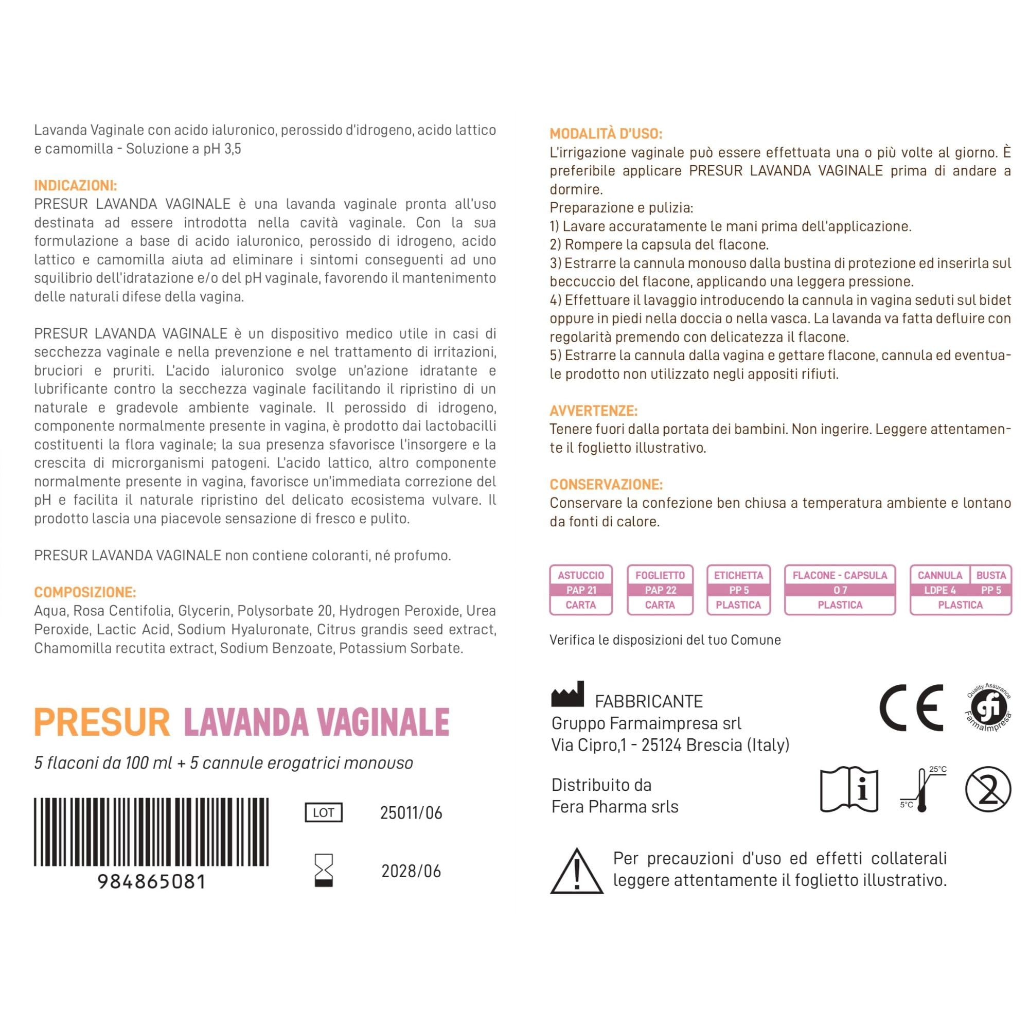 Presur - Lavanda Vaginale pH 3,5 pronta all'uso con Acido Ialuronico, Perossido d'Idrogeno, Acido Lattico e Camomilla - 5 Flaconi da 100 ml con Cannula Monouso (Confezione da 5)