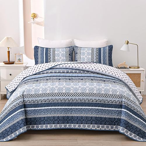 WONGS BEDDING Boho Quilt Set Queen Size, Navy Blue Bohemian 3 Pieces Quilt Sets, Lightweight Microfiber Bedspread Coverlet Bedding Set for All Season (96"x90")