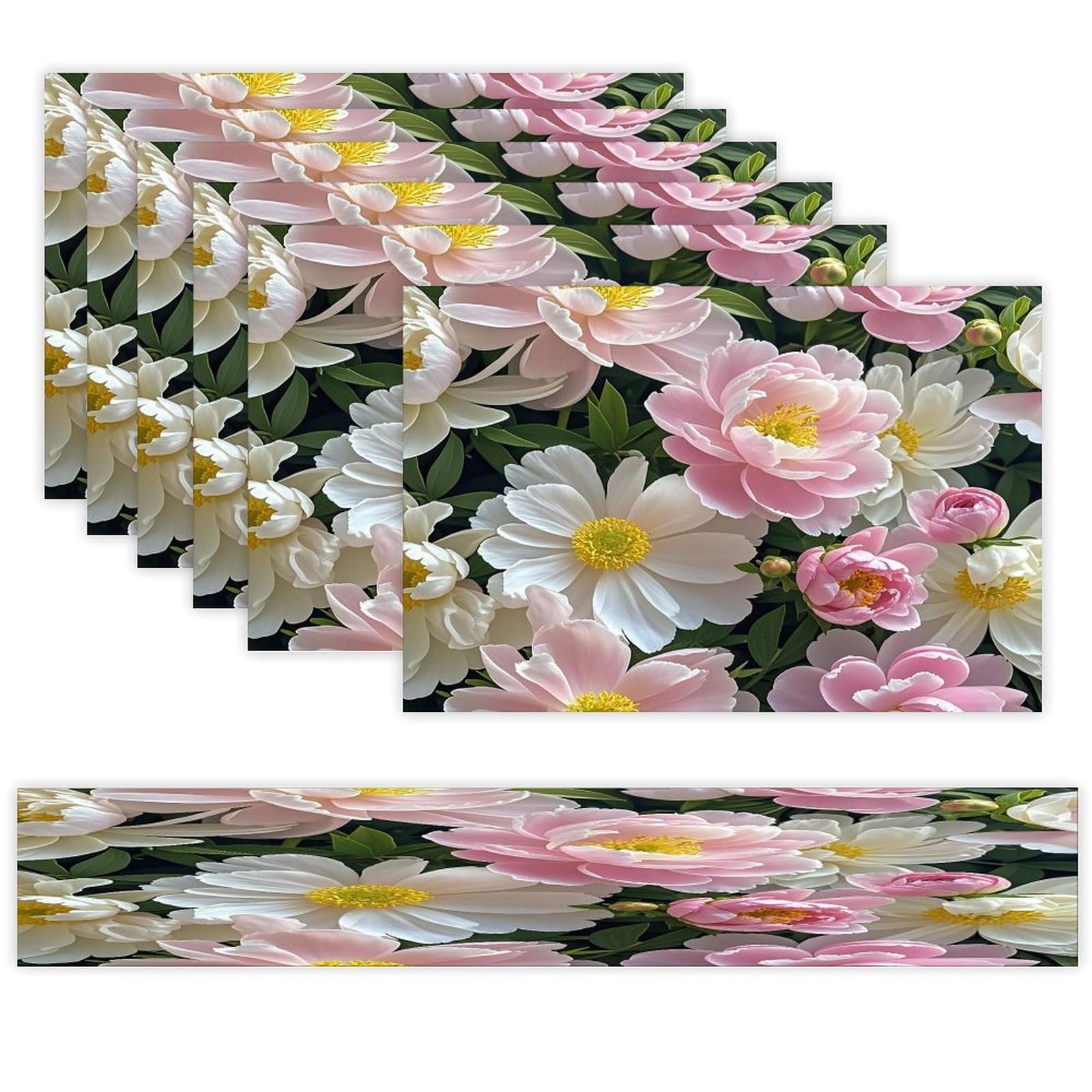 Beautiful Flowers with and Peonies Placemats Set of 6 and Table Runner for Holiday Party Kitchen Dining Table Decor Farmhouse Style Washable Table Mat Set Heat Resistant Linen Place Mat Sets