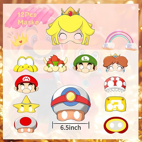 Miniatura 4 de Recuerdos de fiesta de Mario, 98 piezas de suministros para fiesta de cumpleaños de Mario incluyen bolsas de regalo, máscaras de fieltro, sellos,