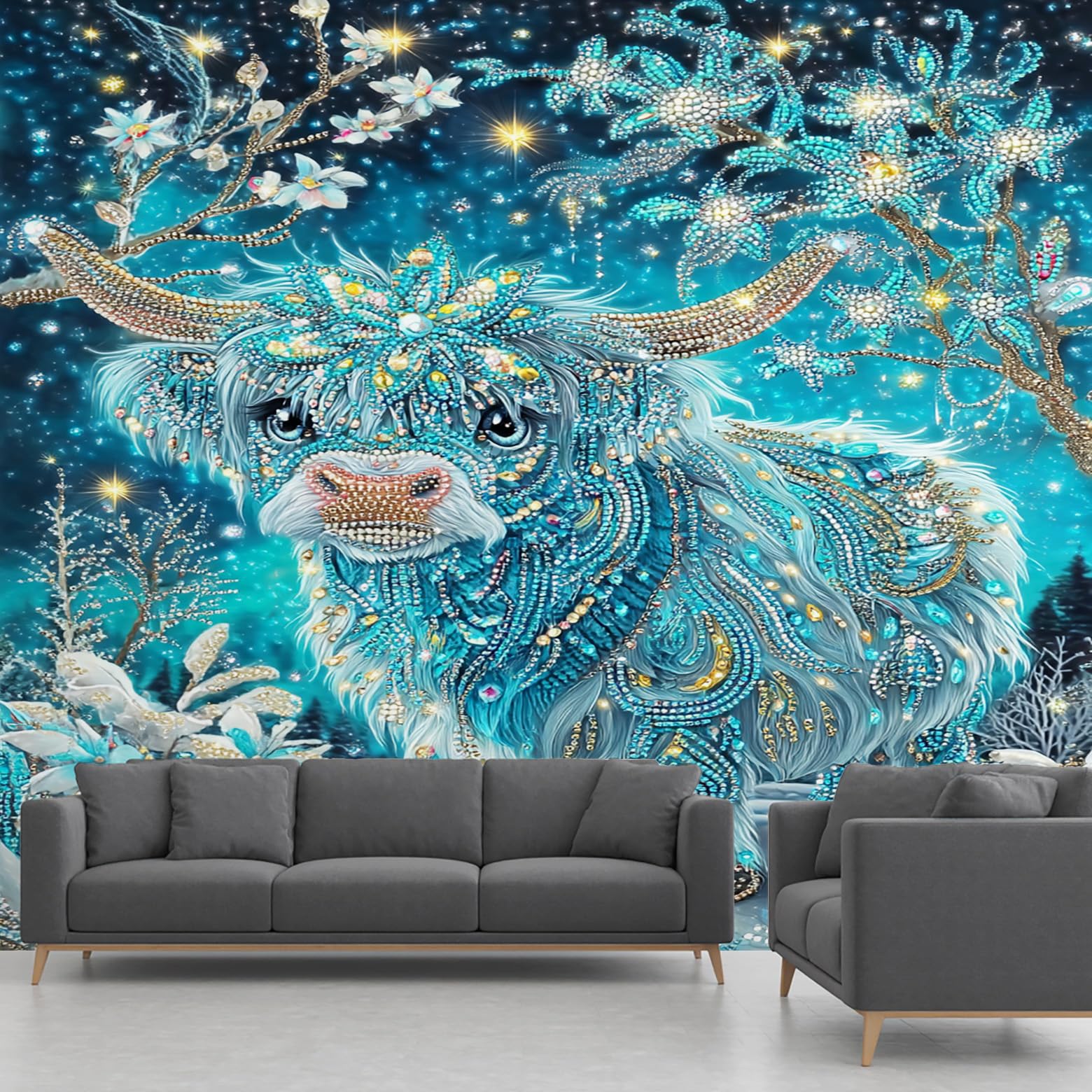 Papier Peint Vache Des Highlands Sarcelle Fleur Diamant Ciel Étoilé Fresque Murale Salon
