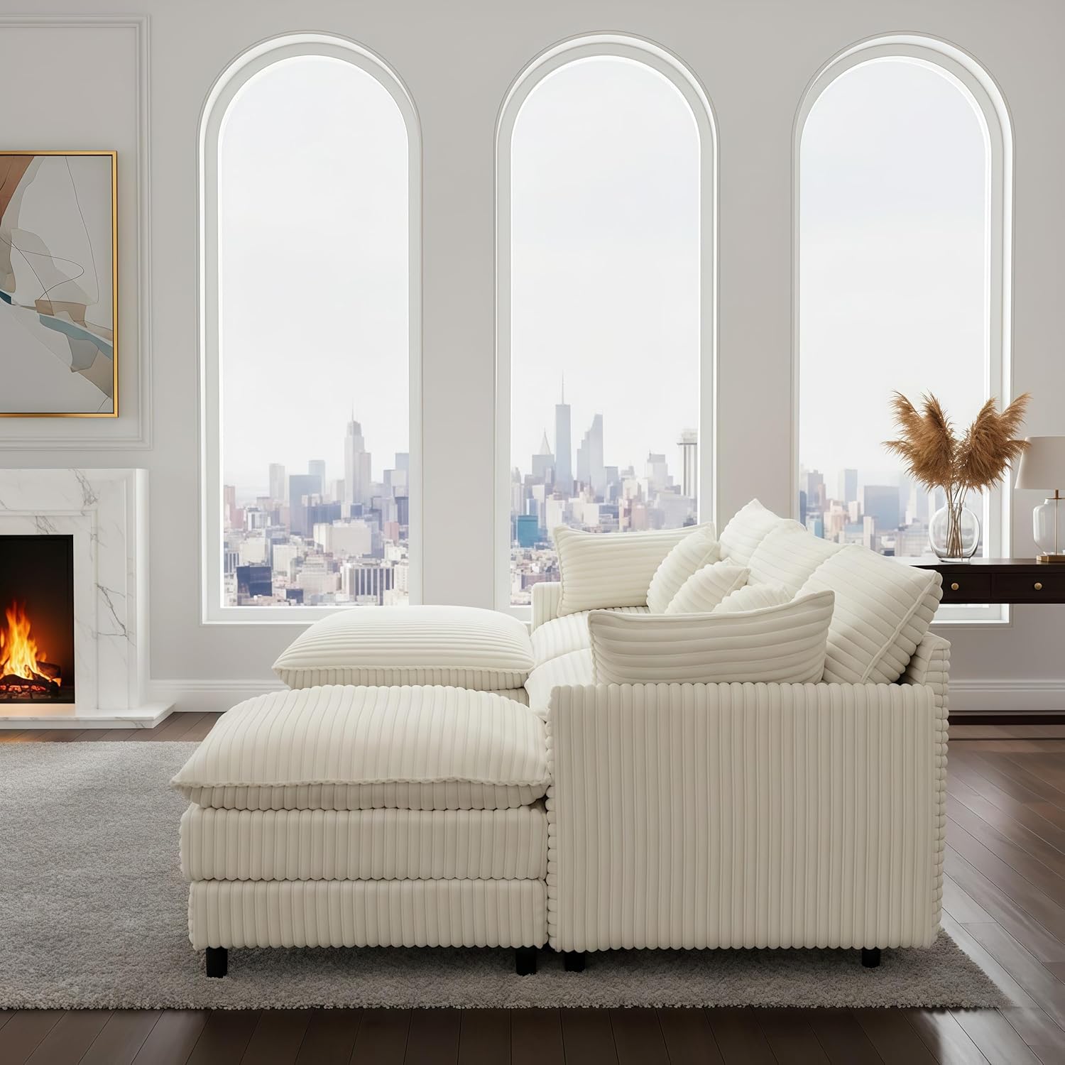 108'' Modular Sectional Sofa, U-Shaped Sectional Couch with Deep Seat,Comfy Fluffy Soft Corduroy 5-Seat Couches, Modern Convertible Cloud Sofa with Ottoman for Living Room, Apartments(Beige)