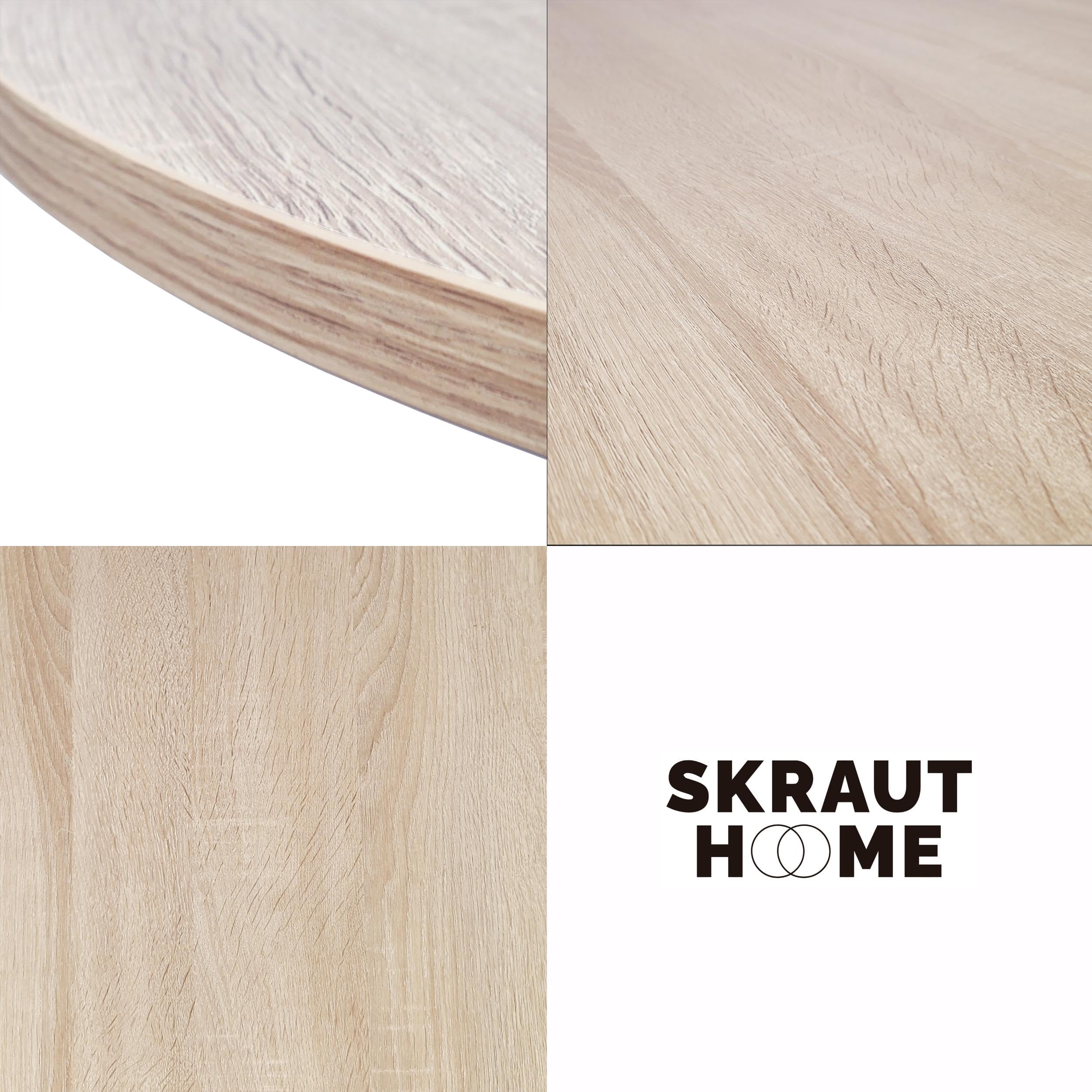 Skraut Home | Tavolo da pranzo fisso rotondo | Modello ZEN | 90x90x77 cm di altezza | Capacità per 4 persone | Materiali resistenti (90cm, Rovere + Gambe Nere)