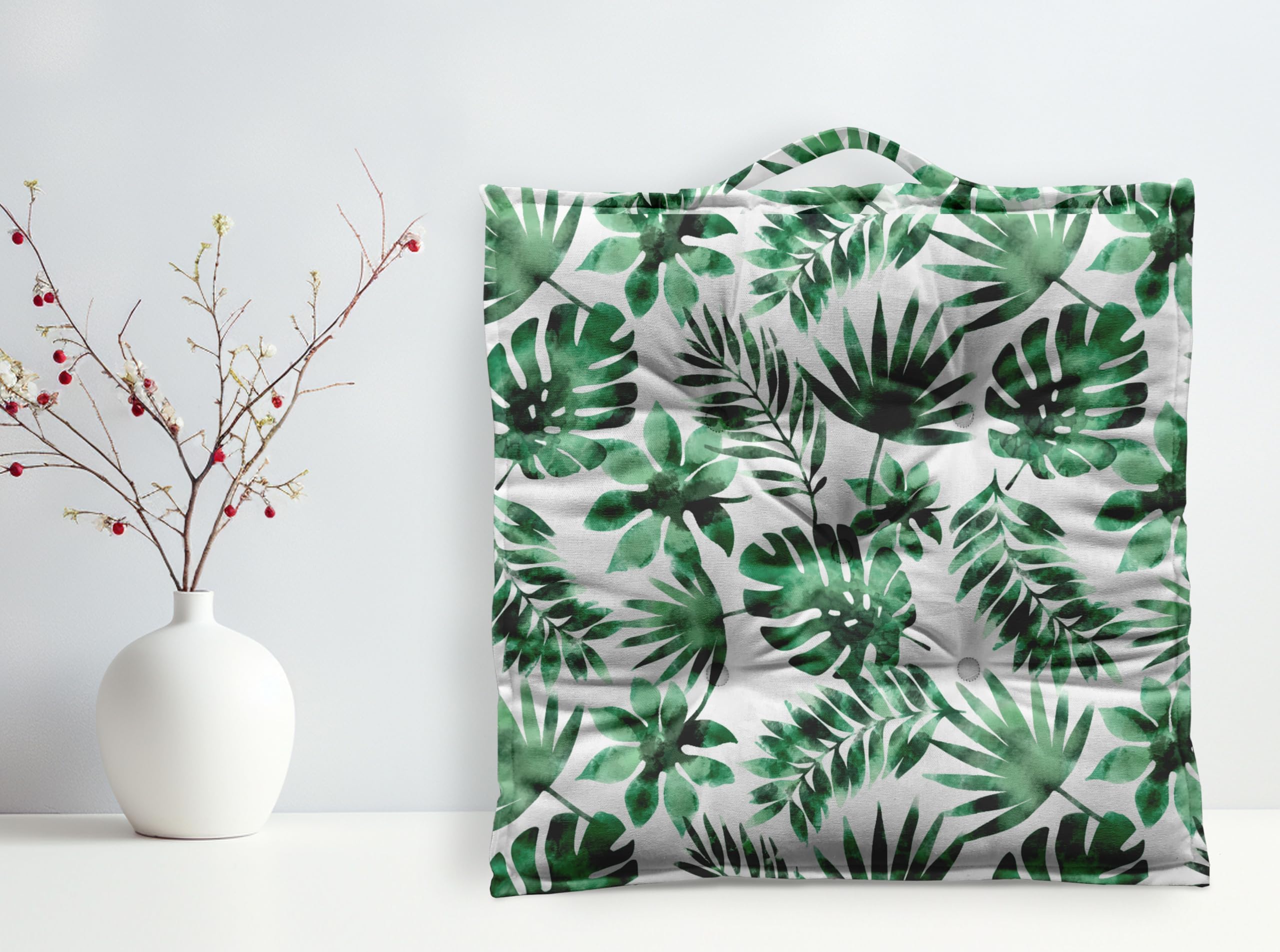 Cotton Shell with Natural Cotton Printed Floor Cushion - Big Leaf, Set of 1