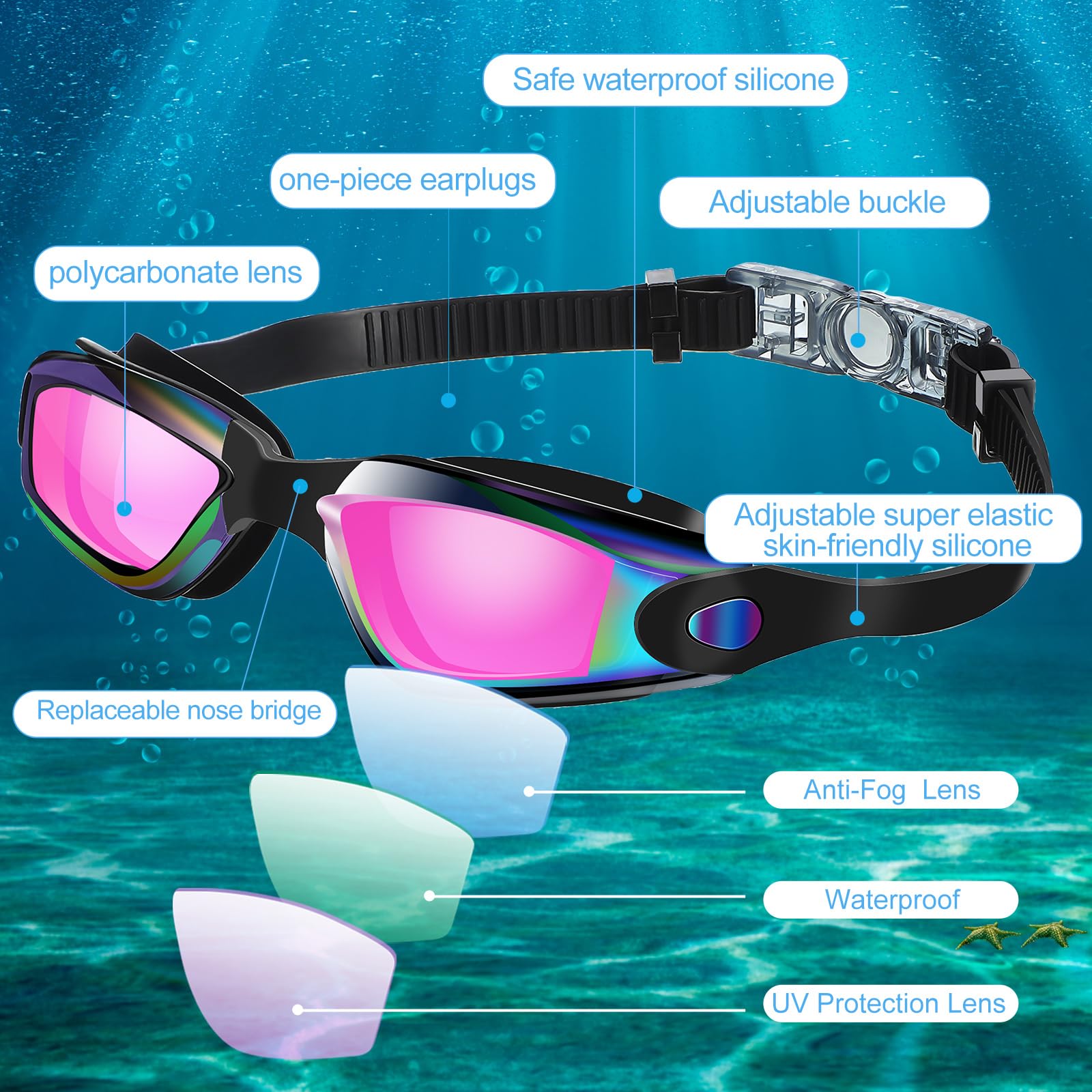 Flutesan 6 occhialini da nuoto sportivi per donne, uomini, adulti e giovani (colore moderno, stile classico)