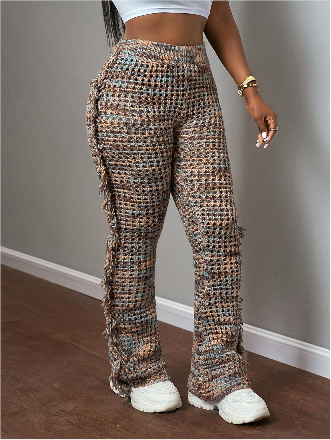 Verdusa Women's Fringe Boho Knit Flared Pants Elastic Waist Bell Bottoms Fitted Trousers Rave Outfits