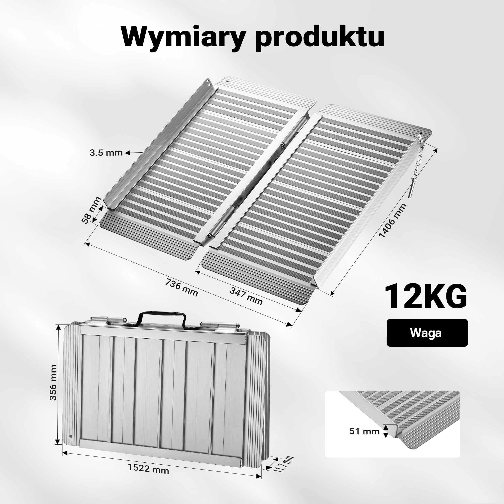 Wiltec Składana rampa najazdowa dla wózków inwalidzkich 152 cm, mobilna rampa podjazdowa do 270 kg, aluminiowa antypoślizgowa rampa załadunkowa