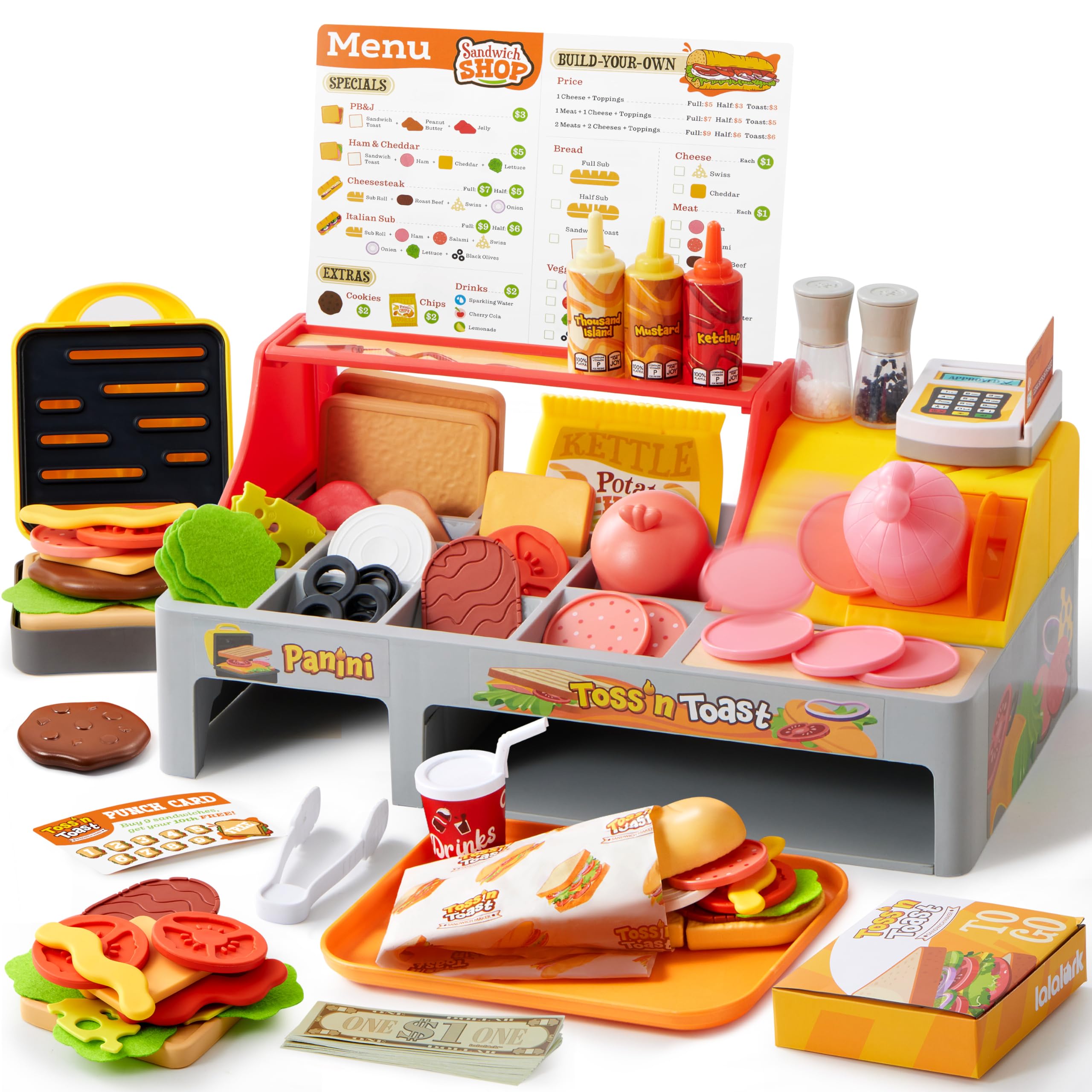 Pretend and Play Food Toy for Kids Toddlers, Play Kitchen Accessories Include Sandwich Maker Toy with Slicer for Ham, Menu and Ingredients, Play Restaurant Food Toy for Girls Birthday Gift