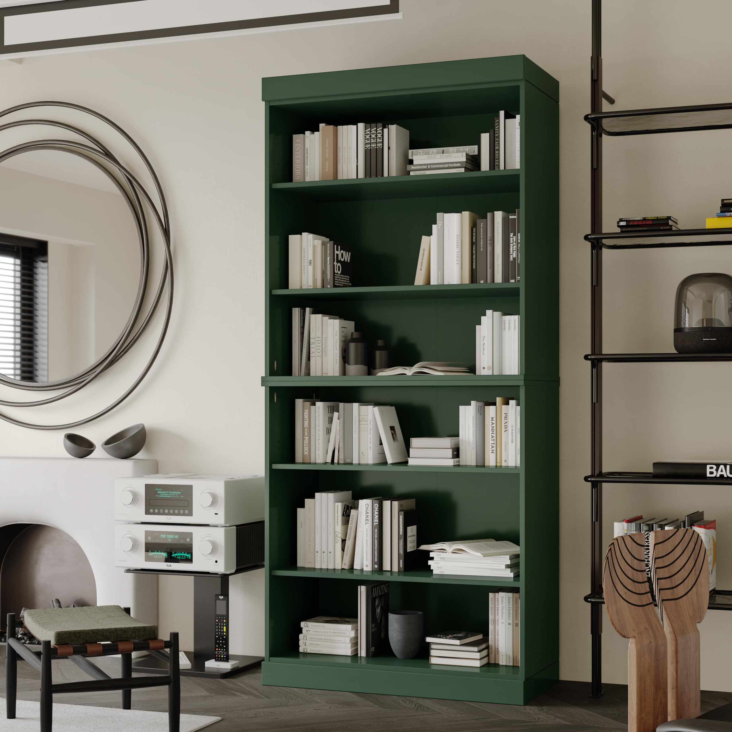 Palace Imports Solid Wood Bookcase - Stackable Modular 6-Tier Bookshelf - 71.5" Tall x 32" Wide - Green, Open Display Shelf for Living Room, Office,