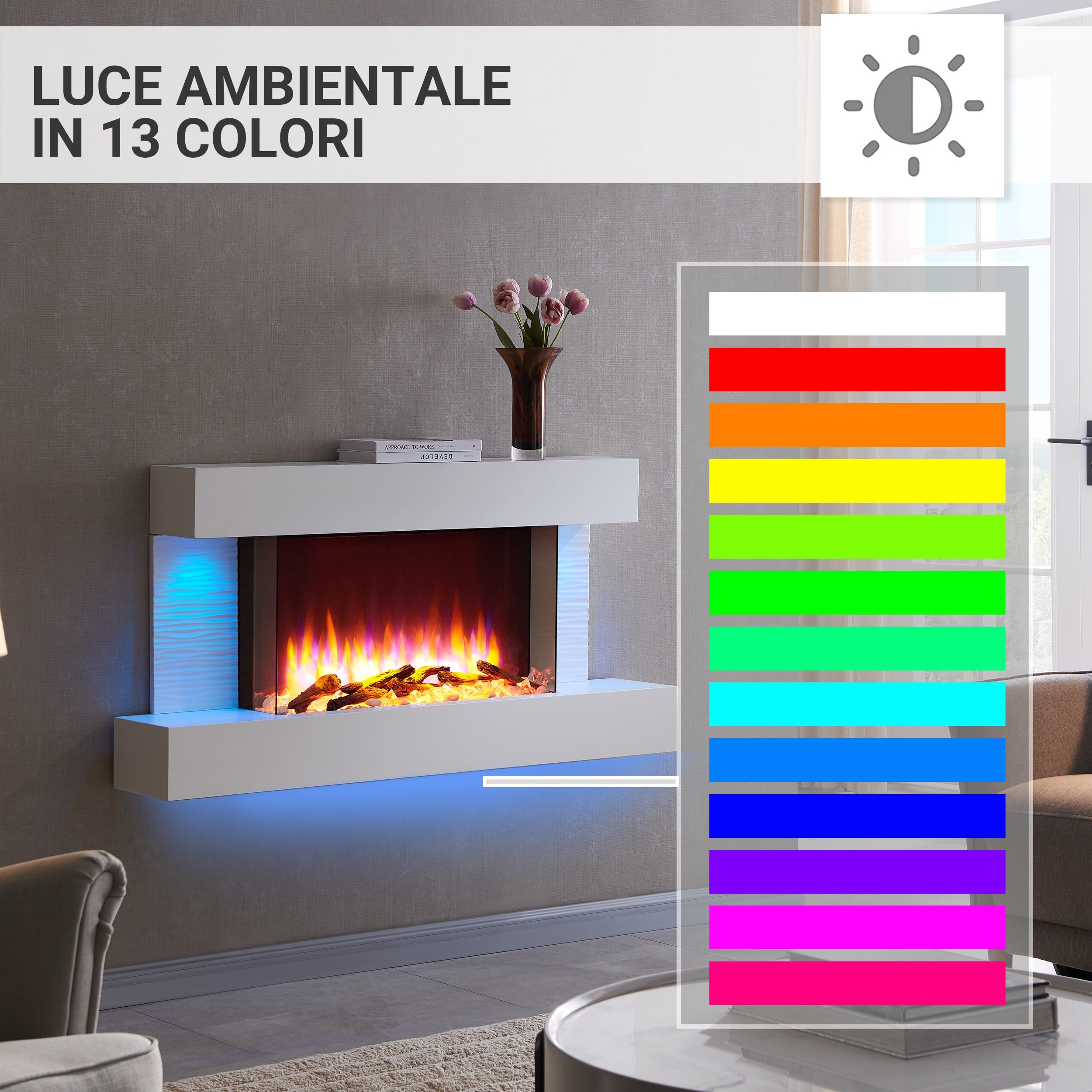 BALDERIA Camino Elettrico Aieda | Caminetto da Parete con Effetto Fiamma 3D | Riscaldamento 2000 W | Focolare Sospeso con Telecomando, Timer, Termostato | Grigio