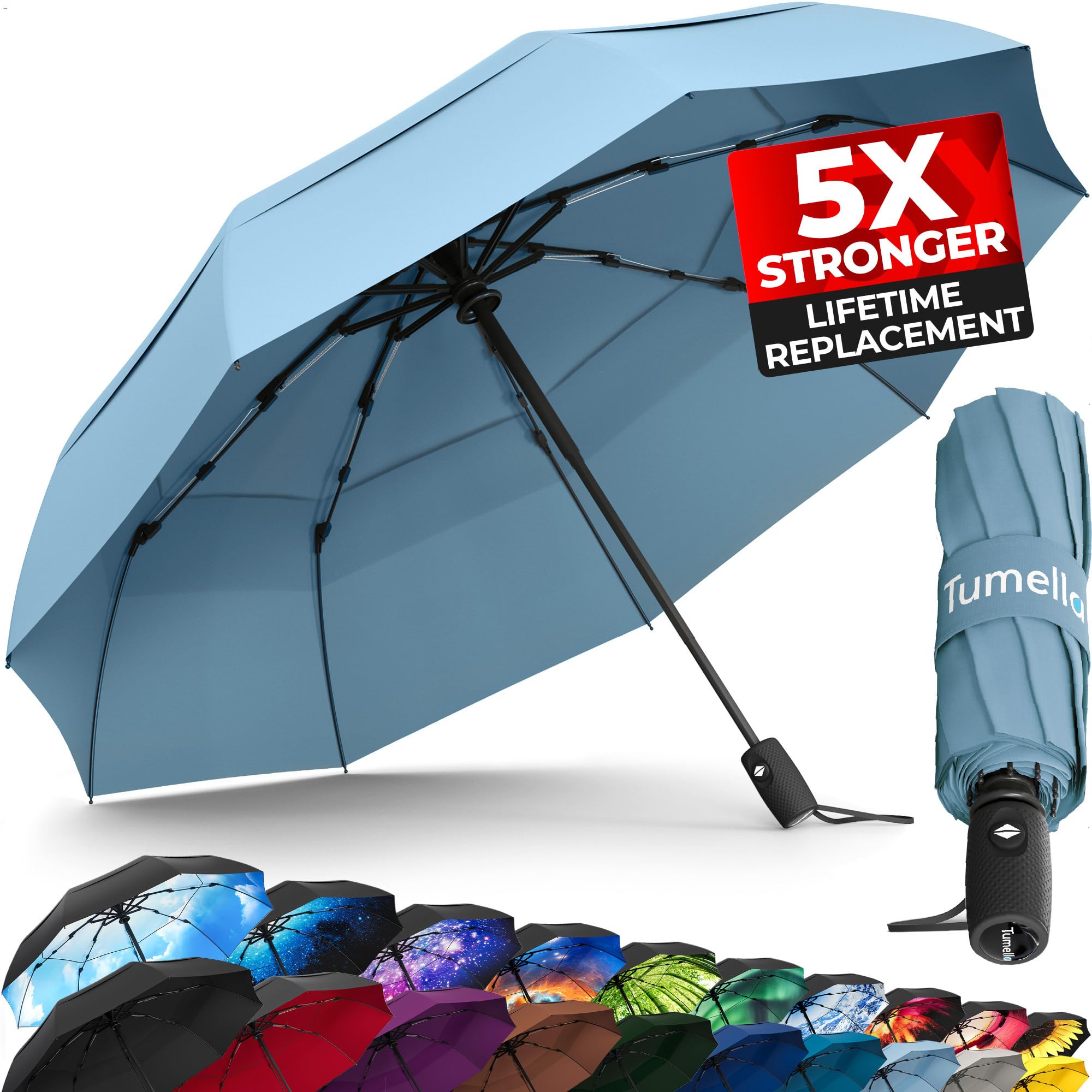 TUMELLA Strongest Windproof Travel Umbrella (Compact, Superior & Beautiful), Small Strong but Light Portable and Automatic Folding Rain Umbrella, Durable Premium Grip, Fits Car & Backpack