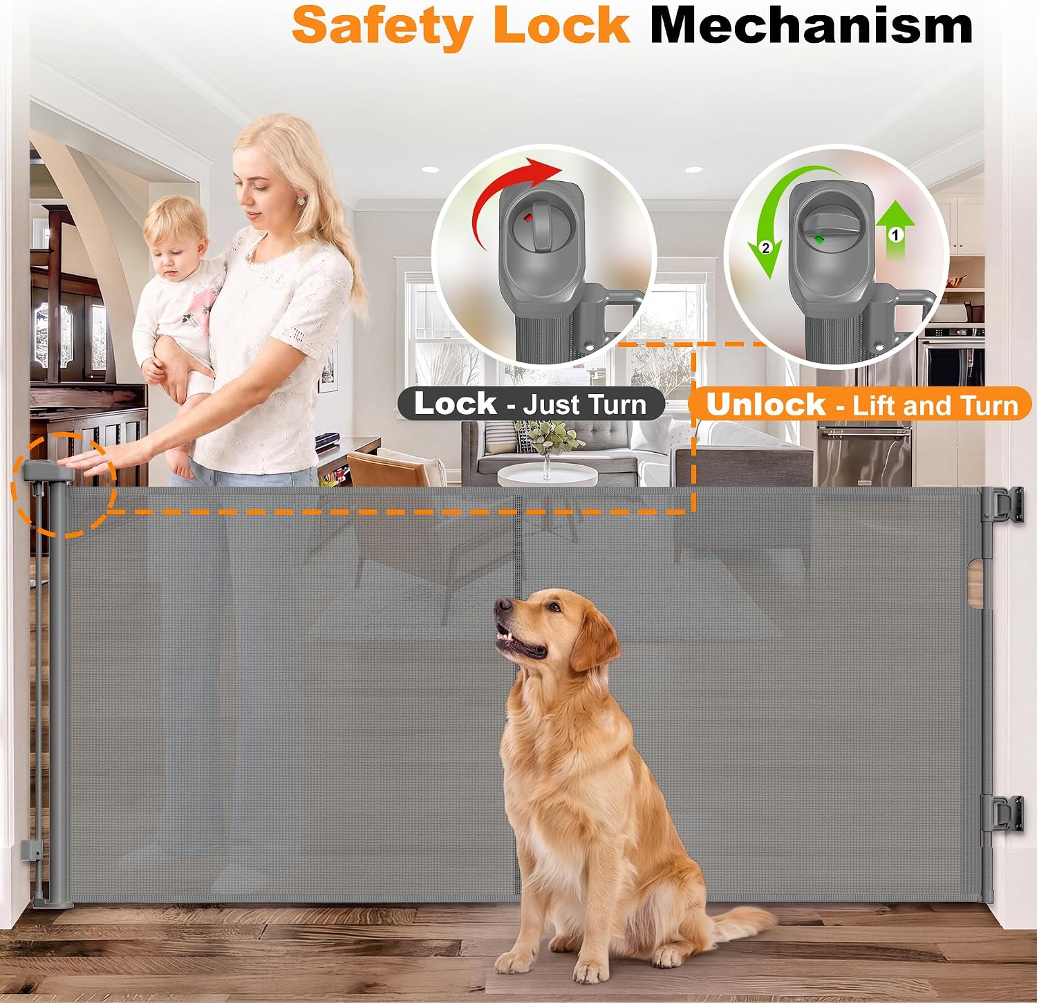 Reinforced Retractable Pet Gate 70” Wide Retractable Baby Gate | with Support Rods to Prevent Bottom Escape, 33” Tall Child Safety Gates for Stairs, Doorways, Hallways, Decks, Indoor/Outdoor