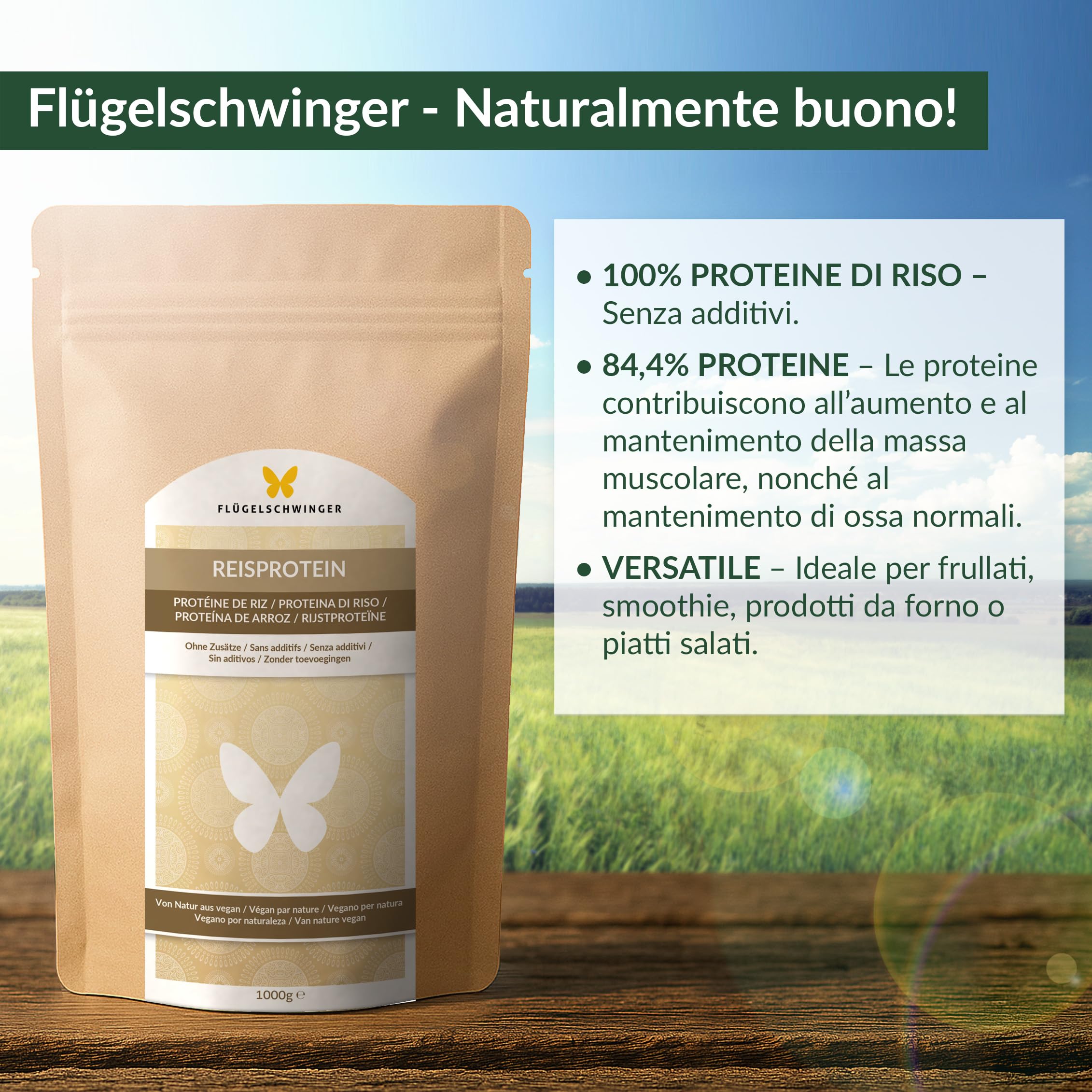 1 kg proteine di riso con 84,4% di proteine, senza additivi, naturalmente vegano, senza lattosio e senza soia (1000 g)